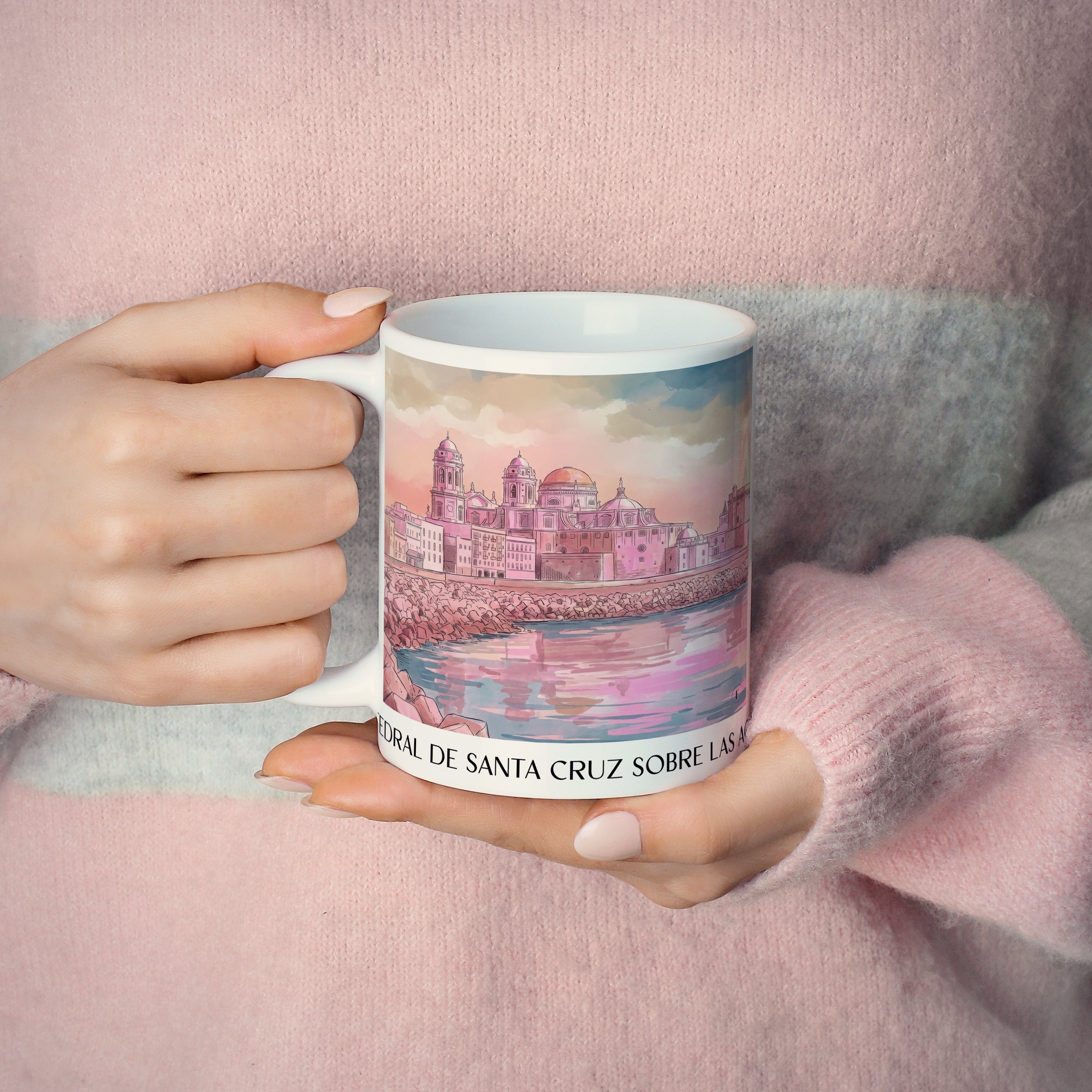 catedral-de-santa-cruz-sobre-las-aguas-cádiz-spanien-kaffeebecher-aquarell-pink-rosa