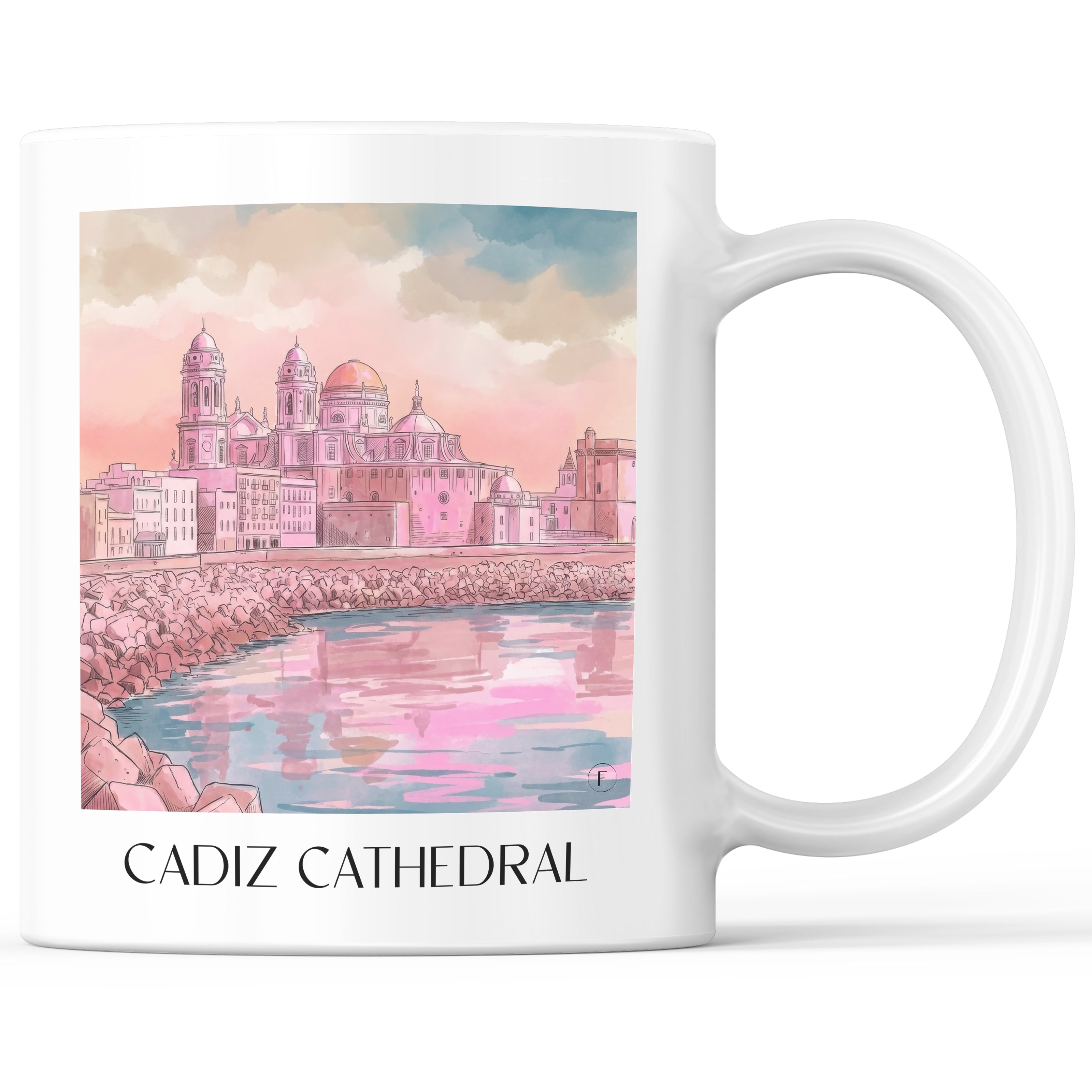 Catedral de Santa Cruz sobre las aguas Kaffeebecher - Cádiz - Spanien Becher - Kaffeetasse im Aquarell Pink Stil - favplace