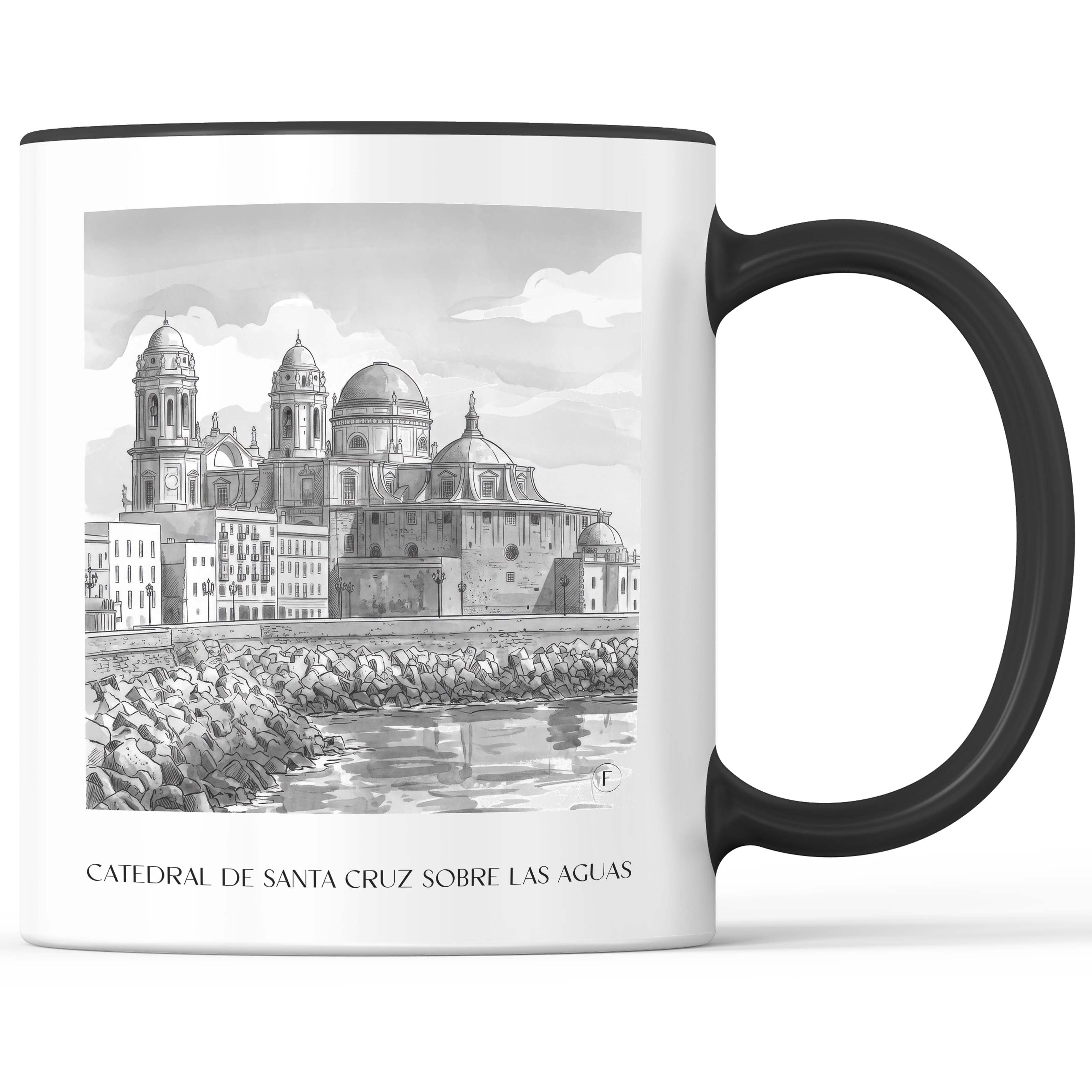 catedral-de-santa-cruz-sobre-las-aguas-cádiz-spanien-kaffeebecher-aquarell-schwarz-weiss