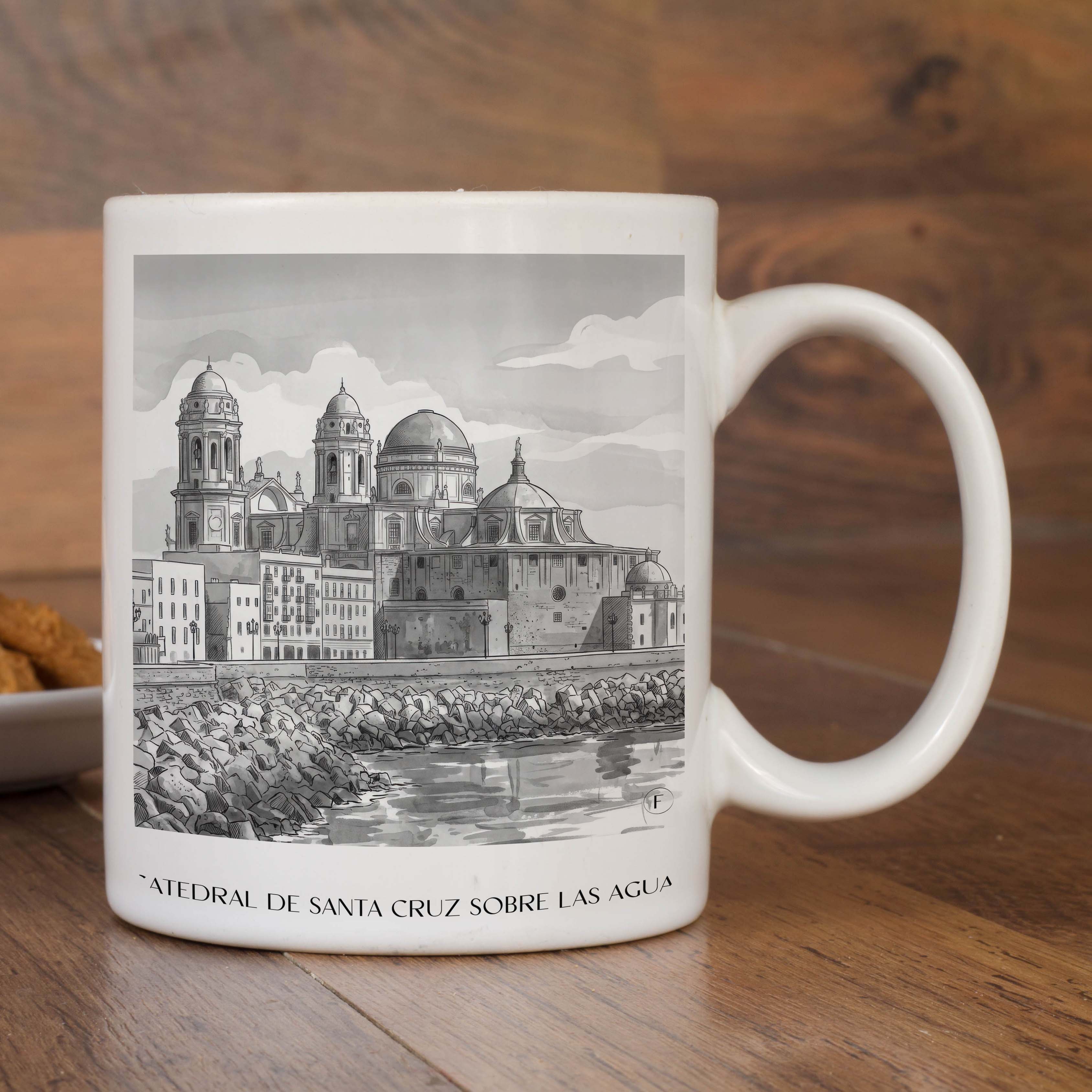 catedral-de-santa-cruz-sobre-las-aguas-cádiz-spanien-kaffeebecher-aquarell-schwarz-weiss