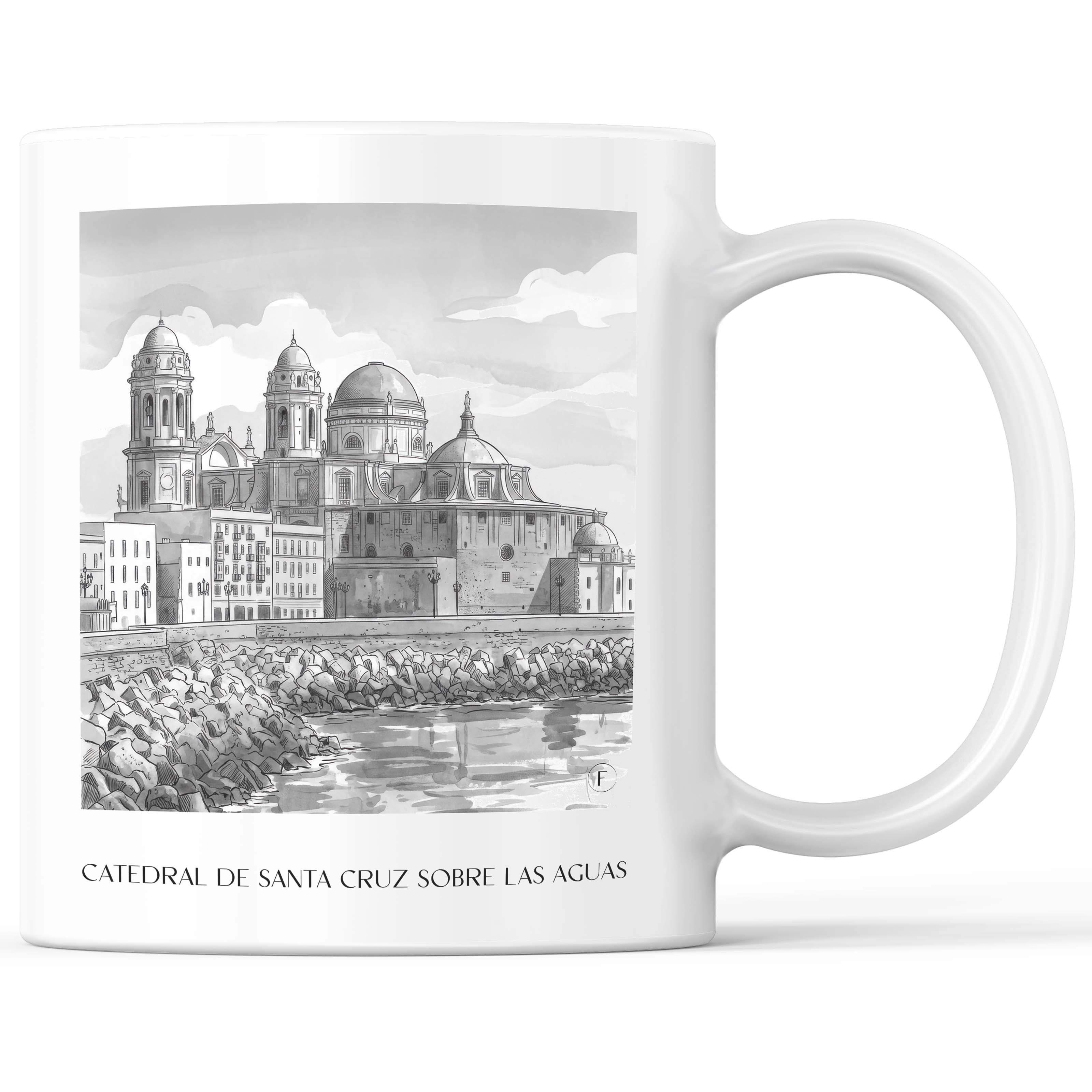 Catedral de Santa Cruz sobre las aguas Kaffeebecher - Cádiz - Spanien Becher - Kaffeetasse im Aquarell Schwarz-Weiß Stil - favplace