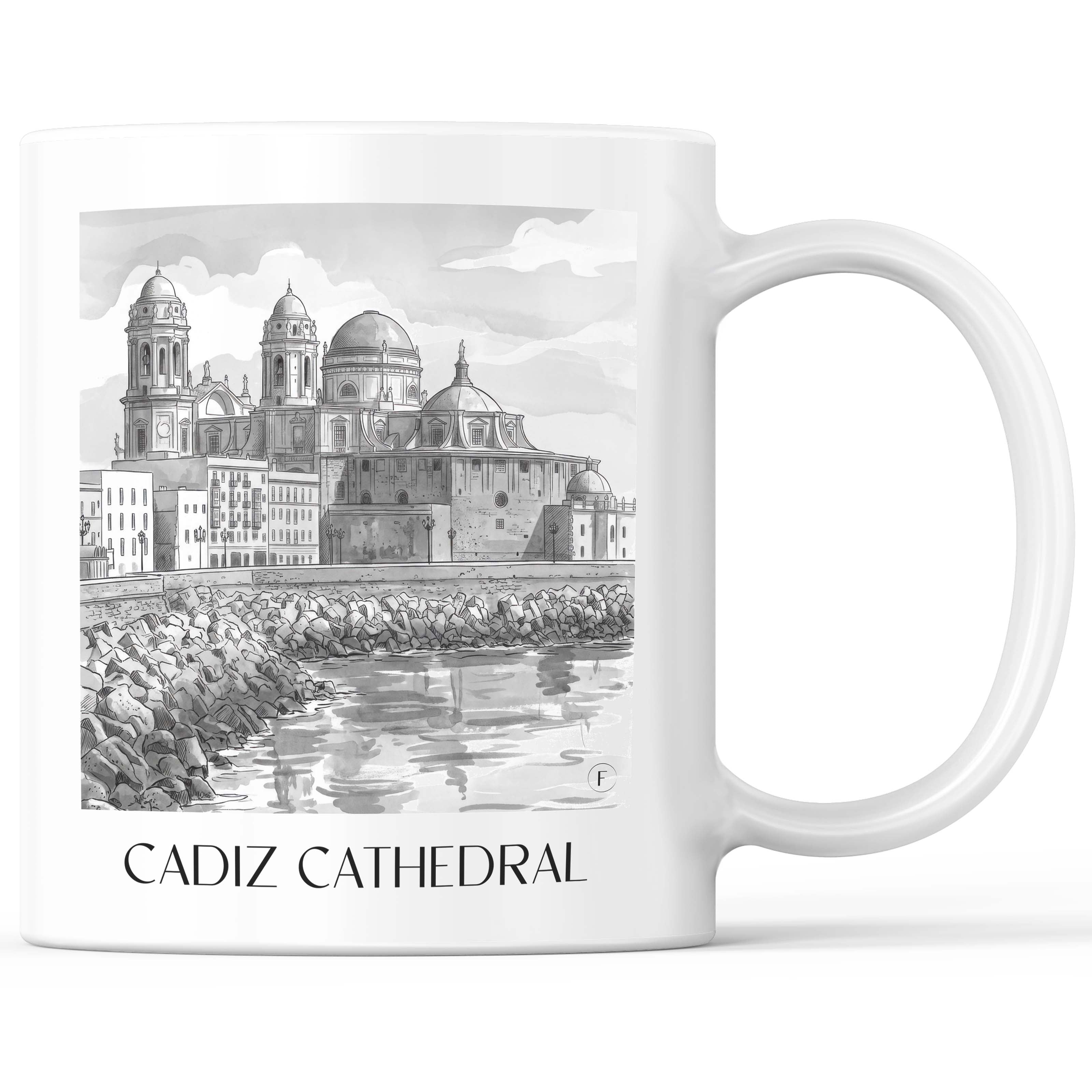 Catedral de Santa Cruz sobre las aguas Kaffeebecher - Cádiz - Spanien Becher - Kaffeetasse im Aquarell Schwarz-Weiß Stil - favplace