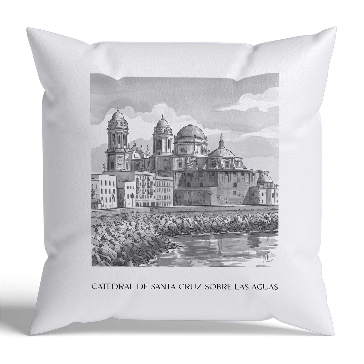 catedral-de-santa-cruz-sobre-las-aguas-cádiz-spanien-kissenbezug-aquarell-schwarz-weiss