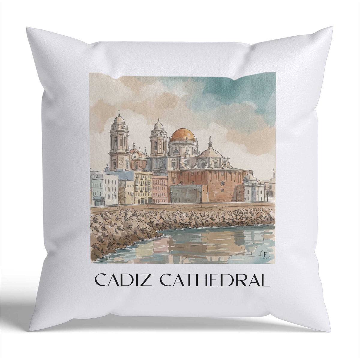 Catedral de Santa Cruz sobre las aguas Kissenhülle - Zierkissen Bezug - Cádiz - Spanien Kissen bzw. Kissenbezug im Aquarell Stil - favplace