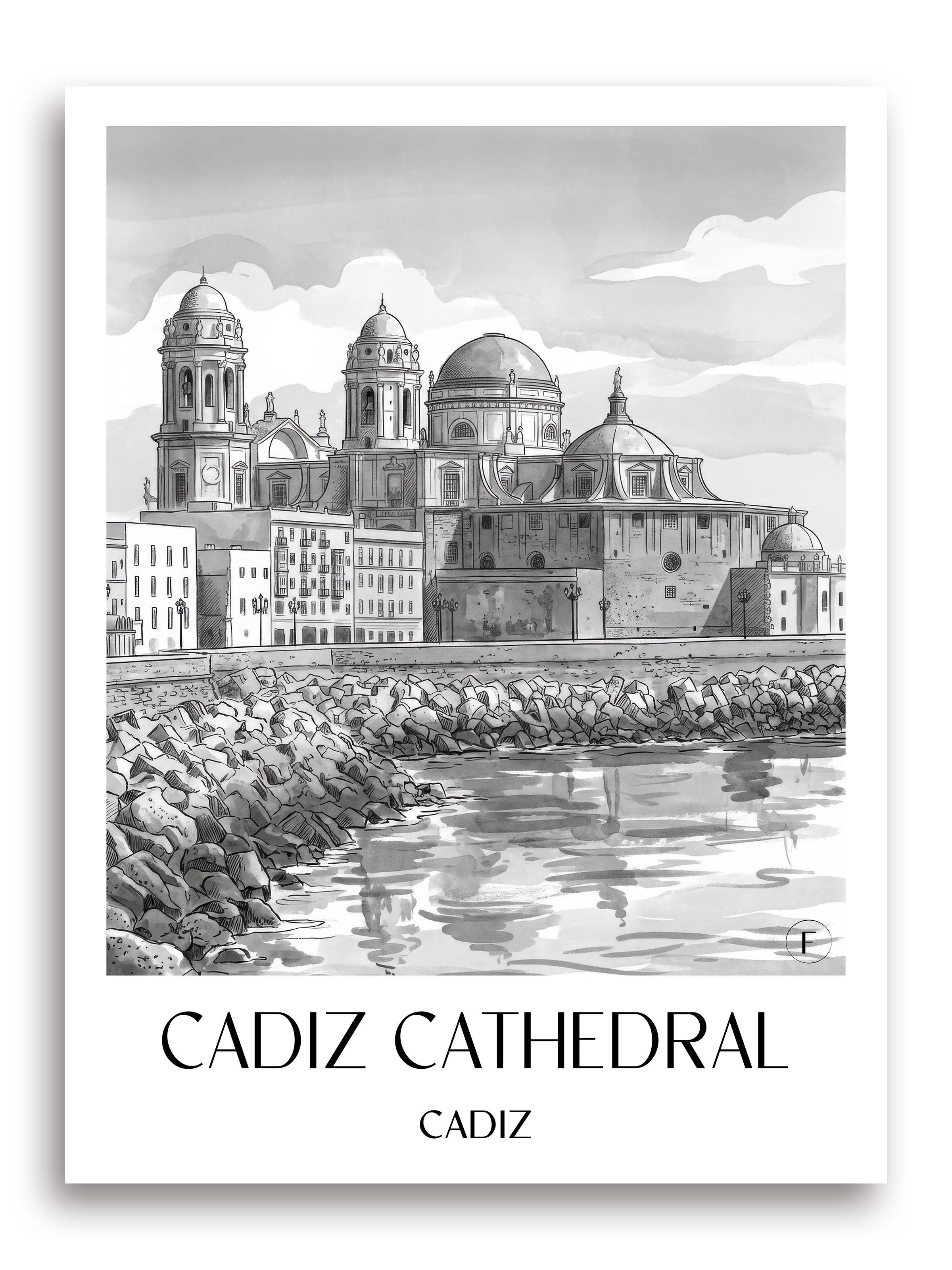 Catedral de Santa Cruz sobre las aguas Poster - Cádiz - Spanien Kunstdruck - Aquarell Schwarz-Weiß von A4 bis A1 - favplace