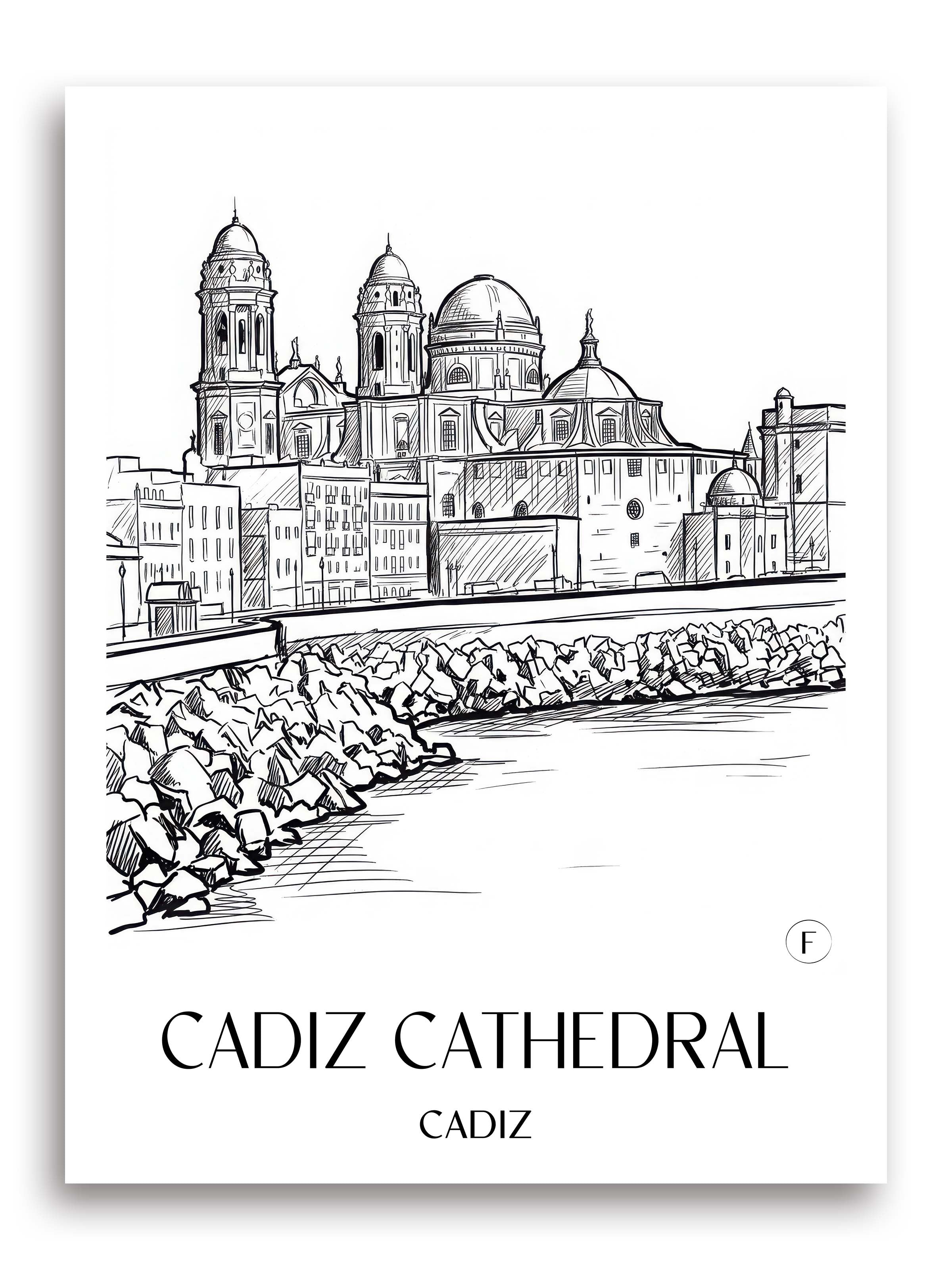 Catedral de Santa Cruz sobre las aguas Poster - Cádiz - Spanien Kunstdruck - Skizze von A4 bis A1 - favplace