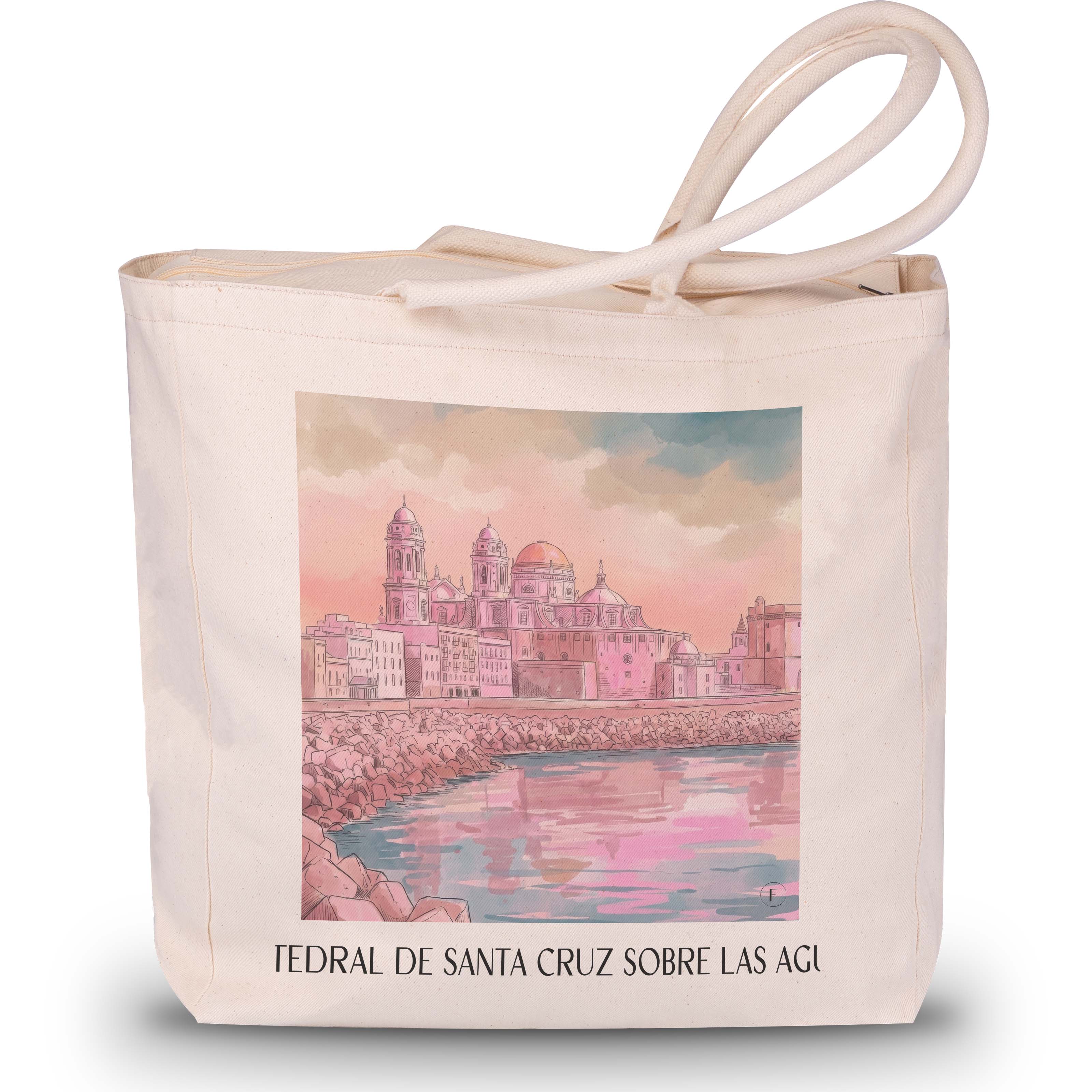 catedral-de-santa-cruz-sobre-las-aguas-cádiz-spanien-einkaufstasche-aquarell-pink-rosa