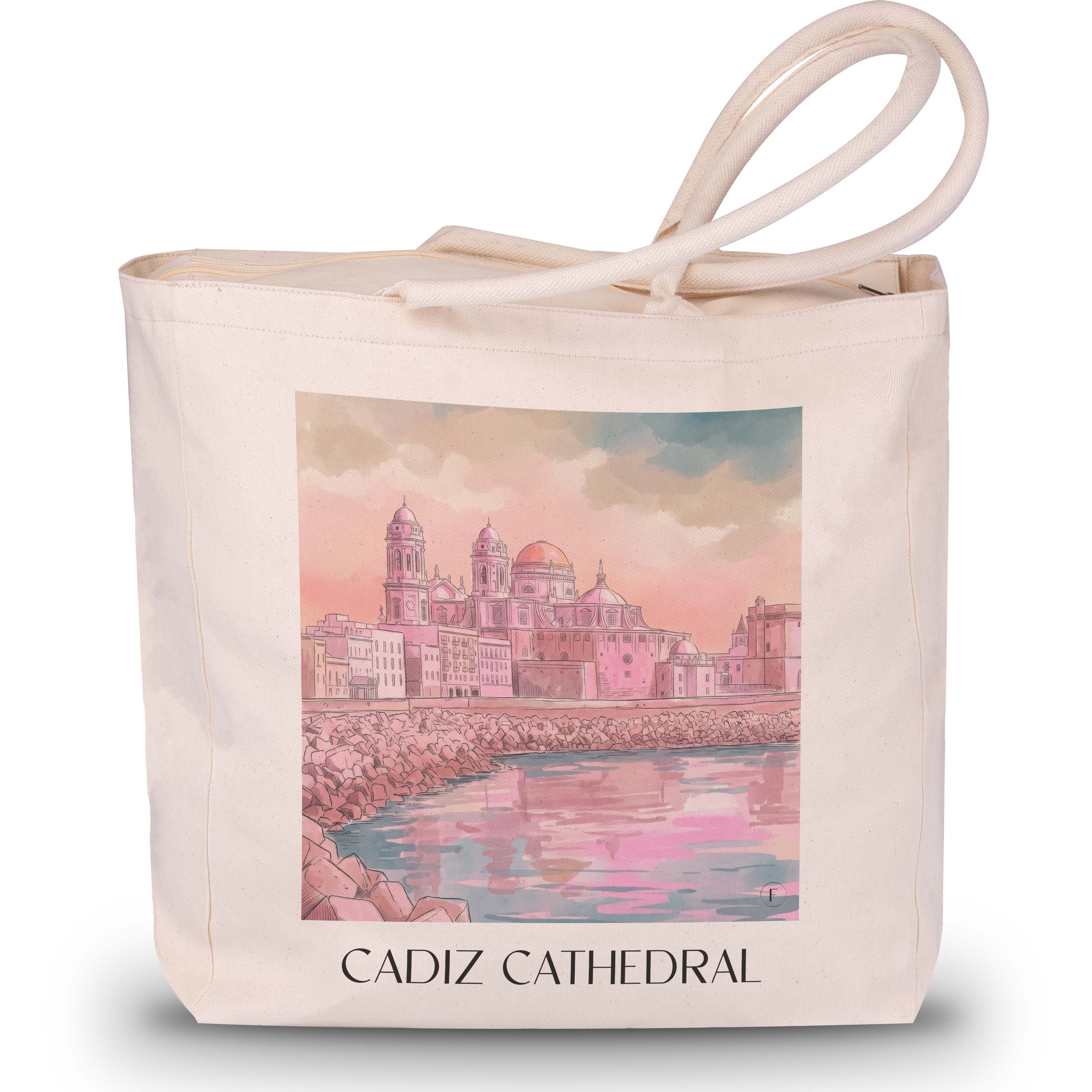 Catedral de Santa Cruz sobre las aguas Shopping Tasche - Cádiz - Spanien Tote Bag - Einkaufstasche im Aquarell Pink Stil - favplace