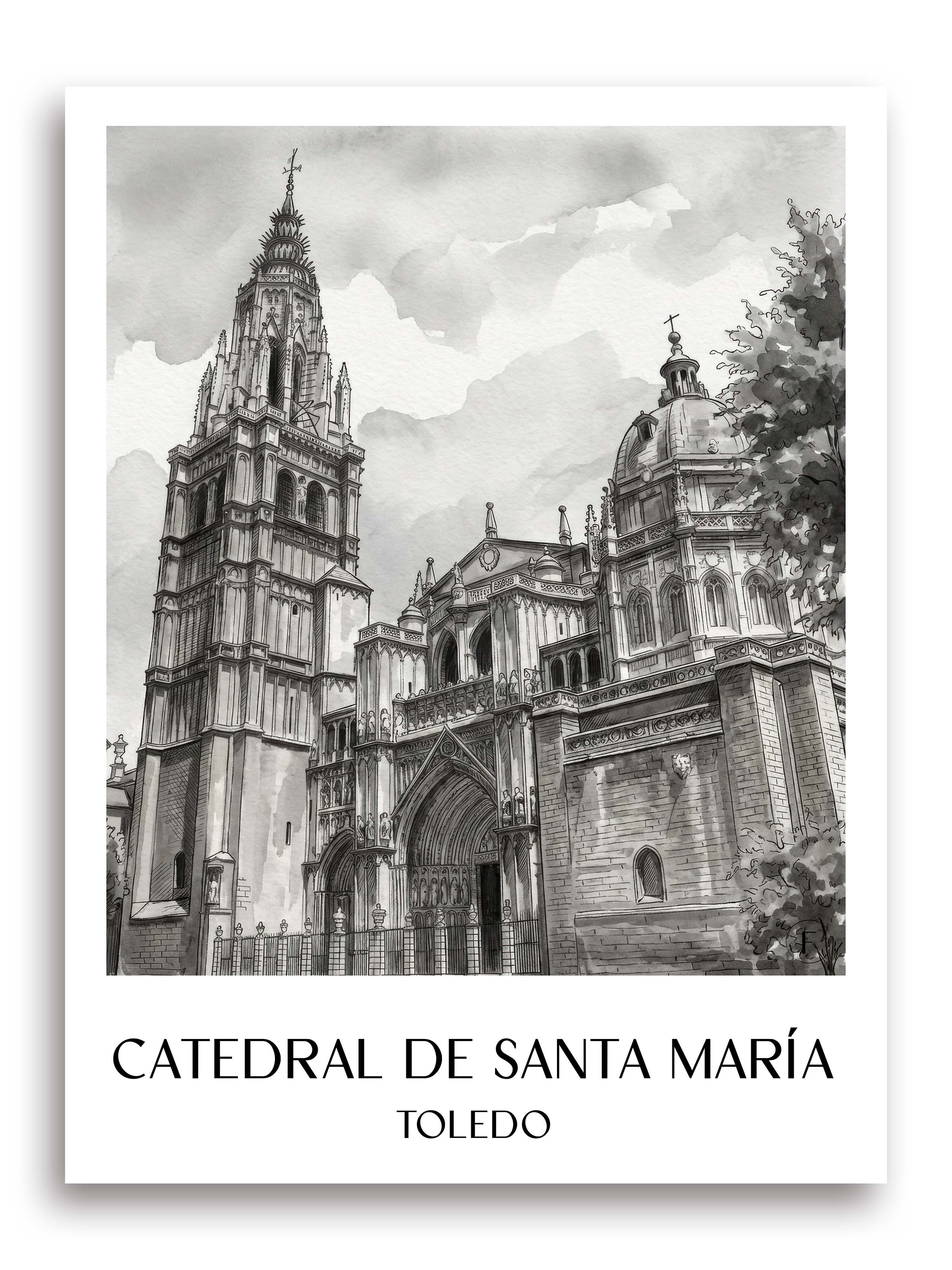 catedral-de-santa-maría-toledo-spanien-poster-aquarell-schwarz-weiss