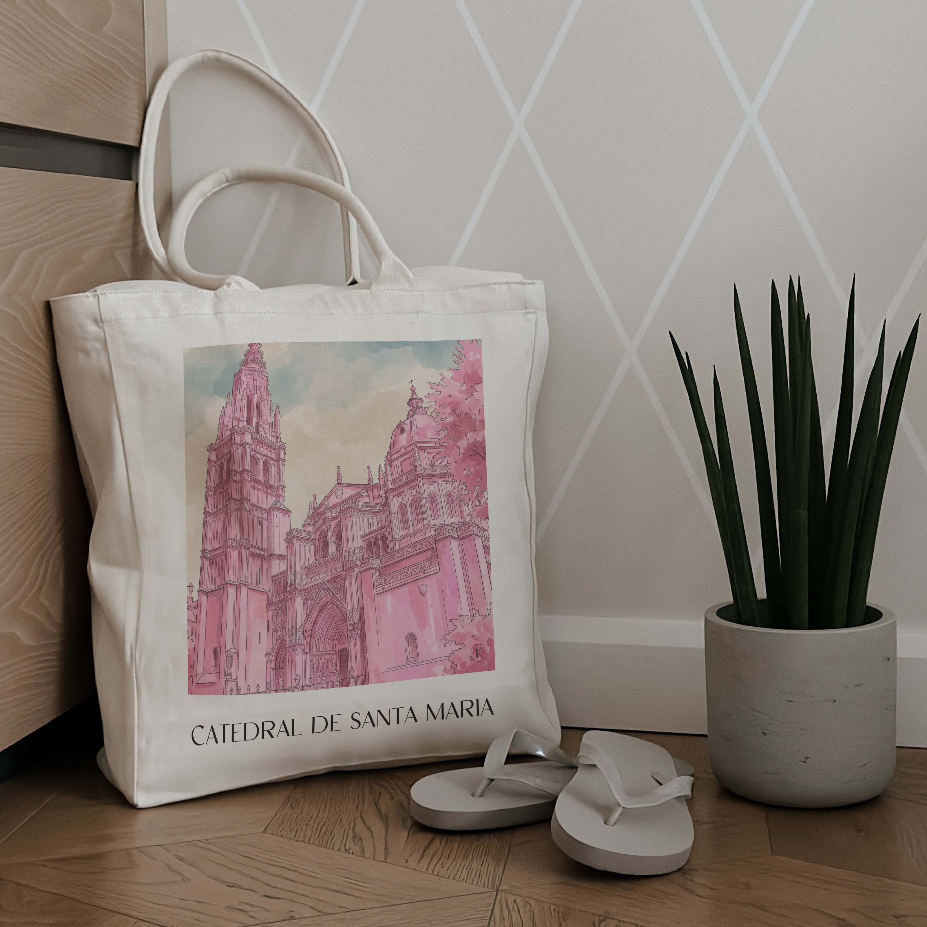 catedral-de-santa-maría-toledo-spanien-einkaufstasche-aquarell-pink-rosa