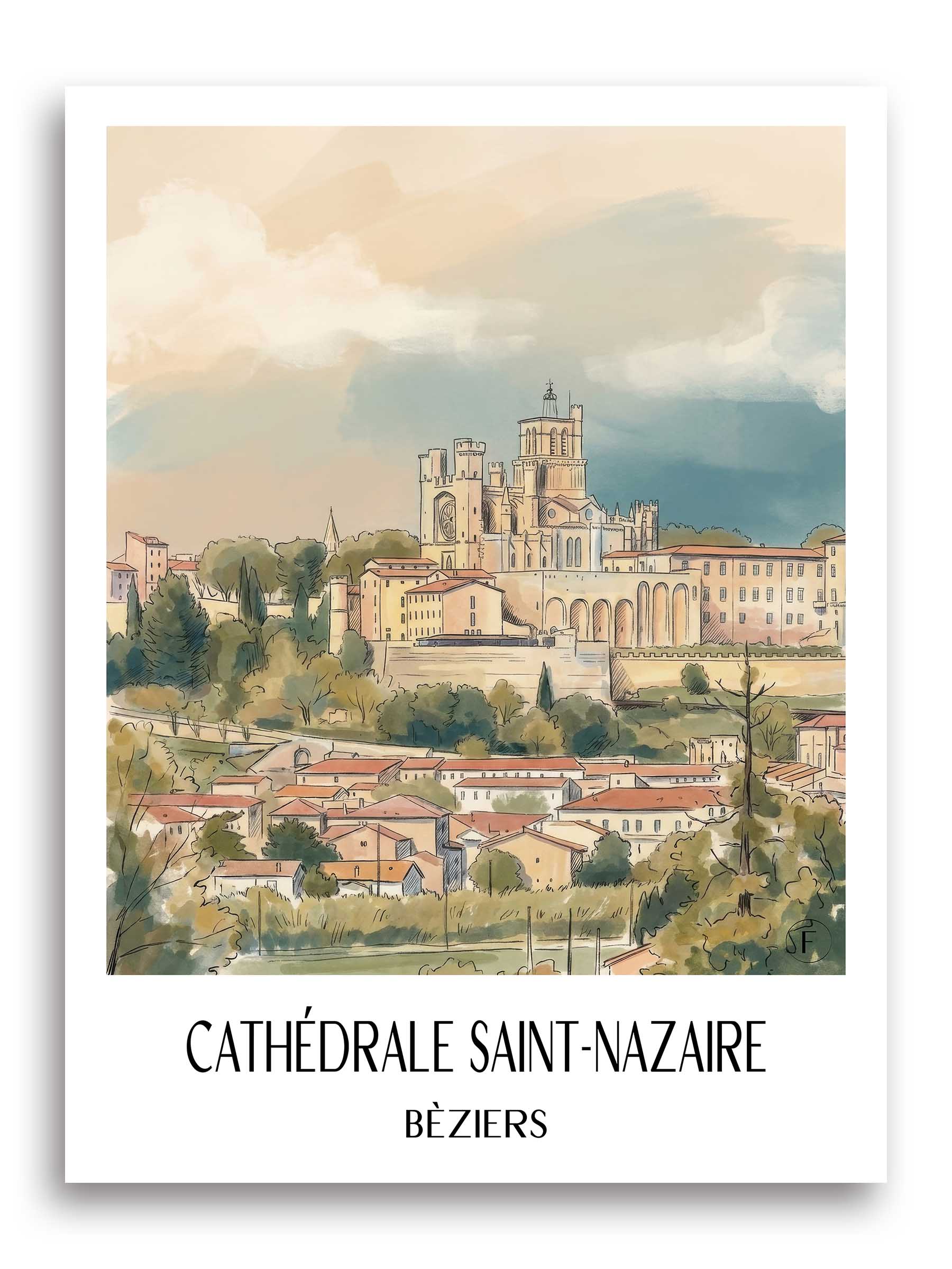 cathédrale-saint-nazaire-bèziers-frankreich-poster-aquarell