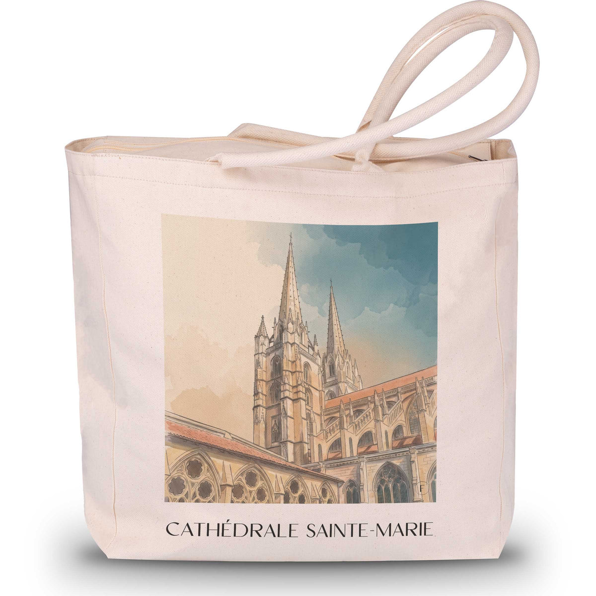 cathédrale-sainte-marie-bayonne-frankreich-einkaufstasche-aquarell