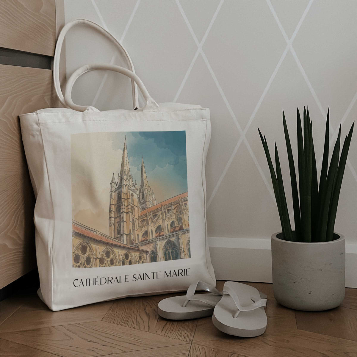 cathédrale-sainte-marie-bayonne-frankreich-einkaufstasche-aquarell