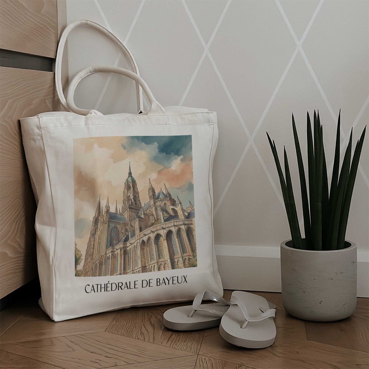 cathédrale-de-bayeux-calvados-frankreich-einkaufstasche-aquarell