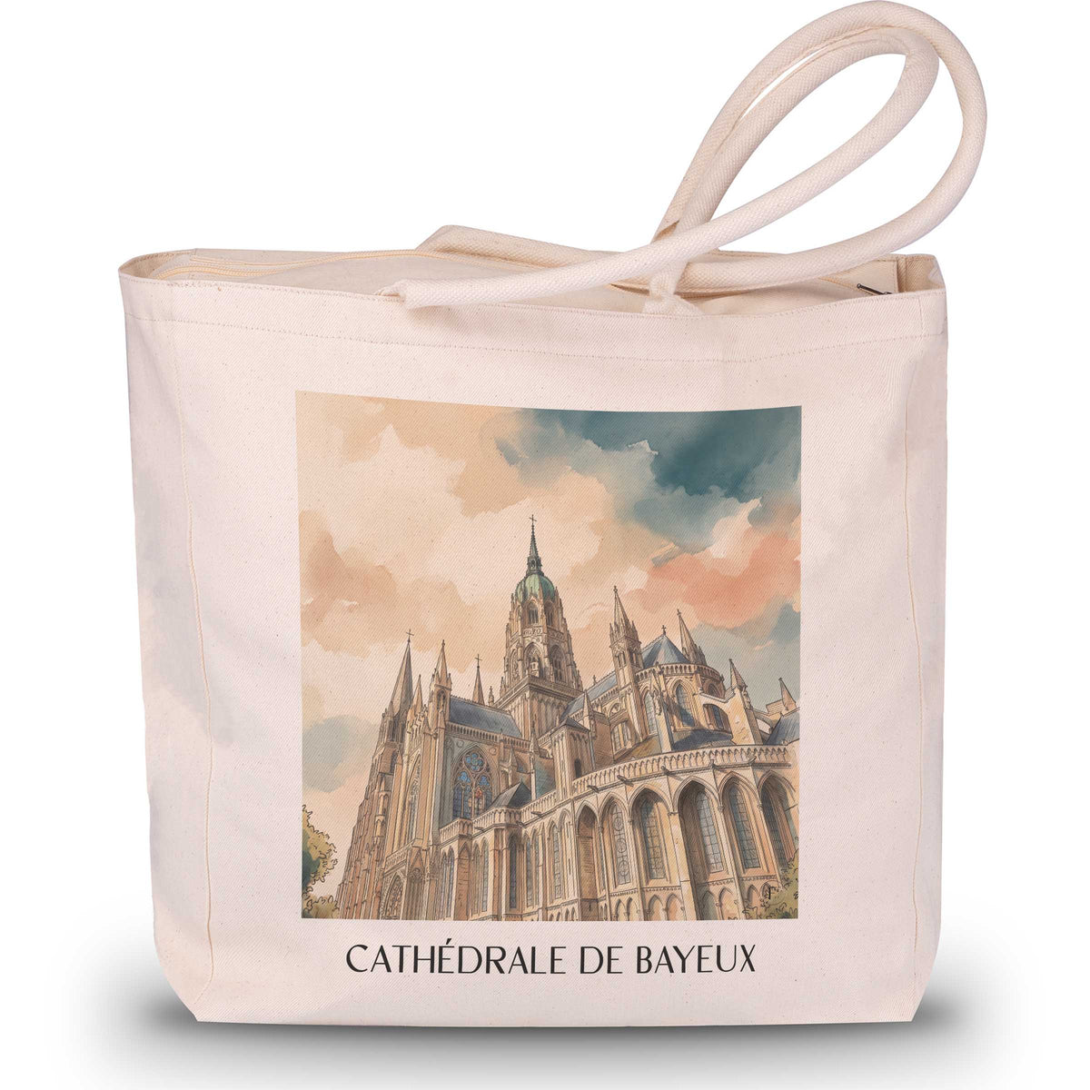 cathédrale-de-bayeux-calvados-frankreich-einkaufstasche-aquarell