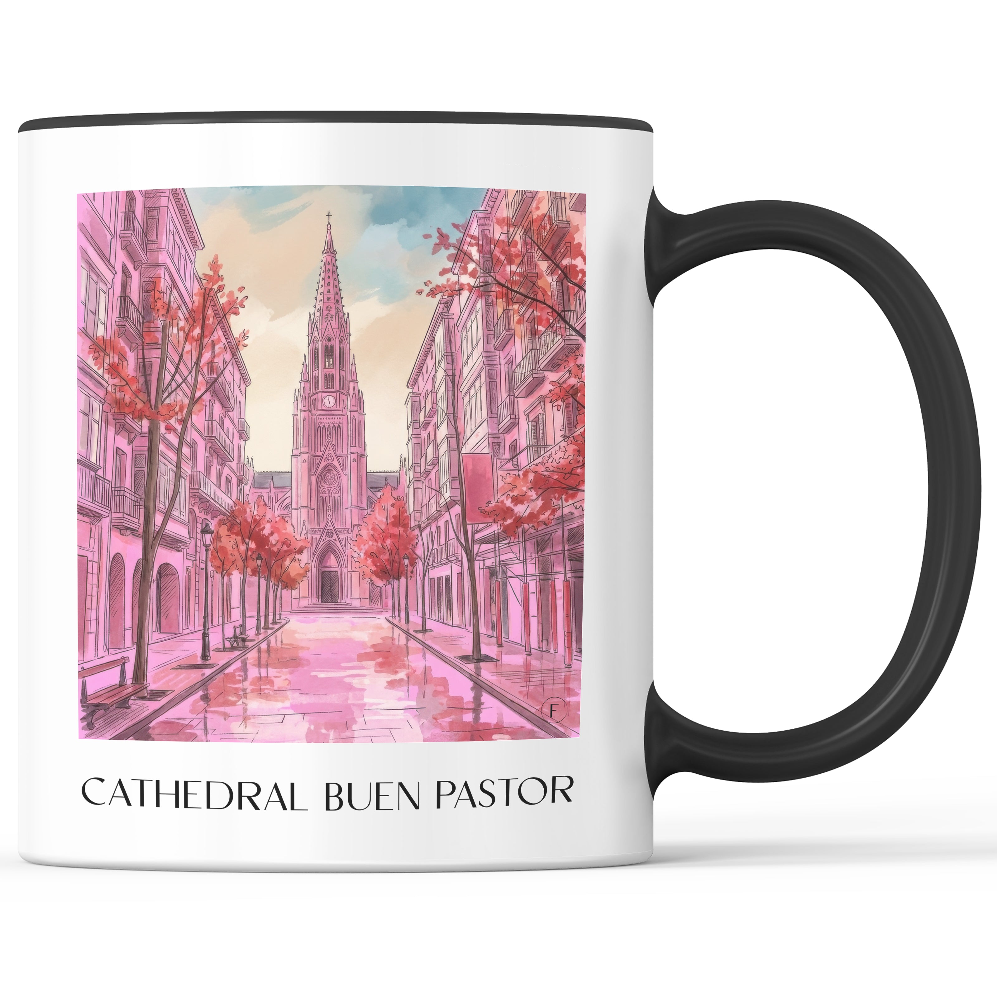 cathedral-buen-pastor-san-sebastián-spanien-kaffeebecher-aquarell-pink-rosa