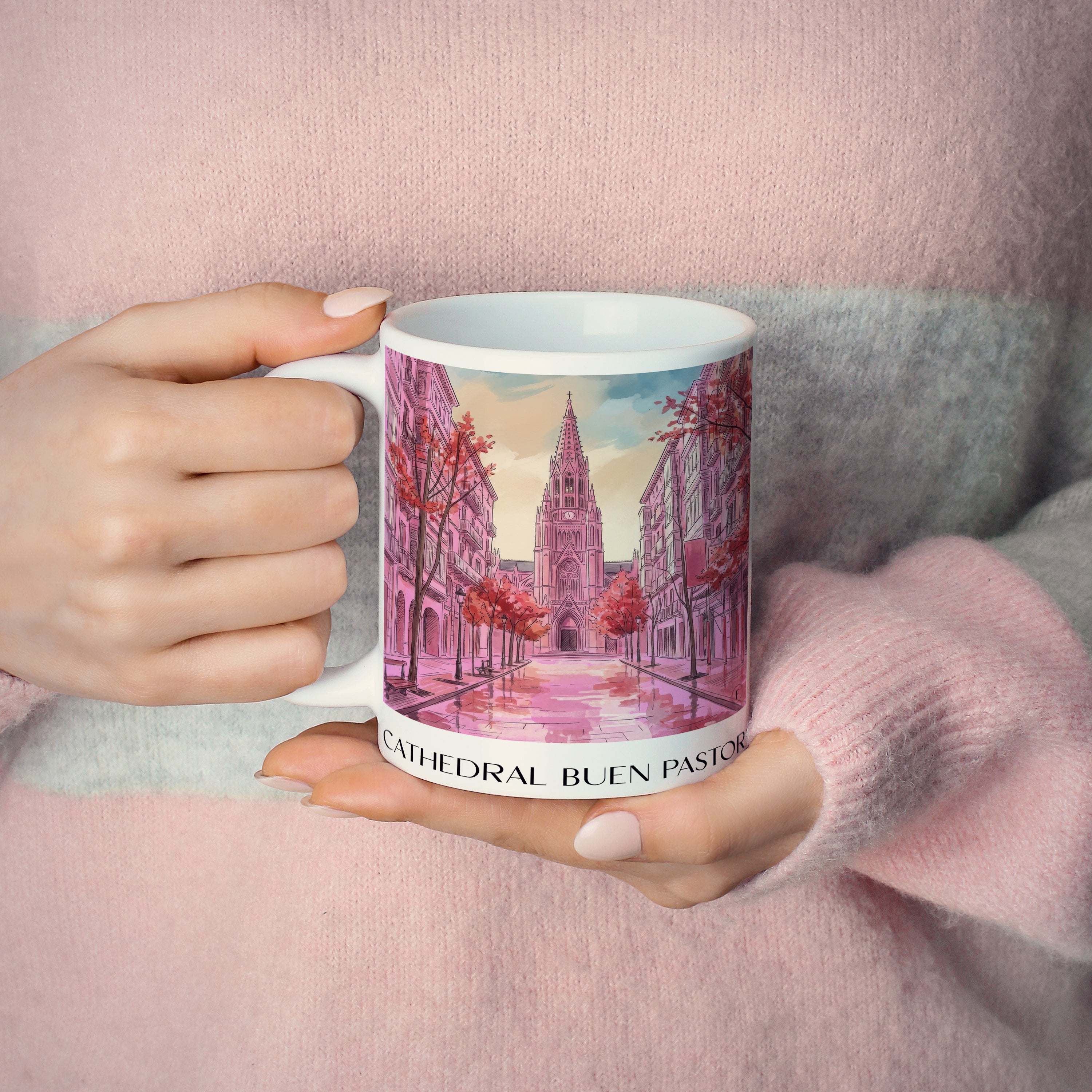 cathedral-buen-pastor-san-sebastián-spanien-kaffeebecher-aquarell-pink-rosa