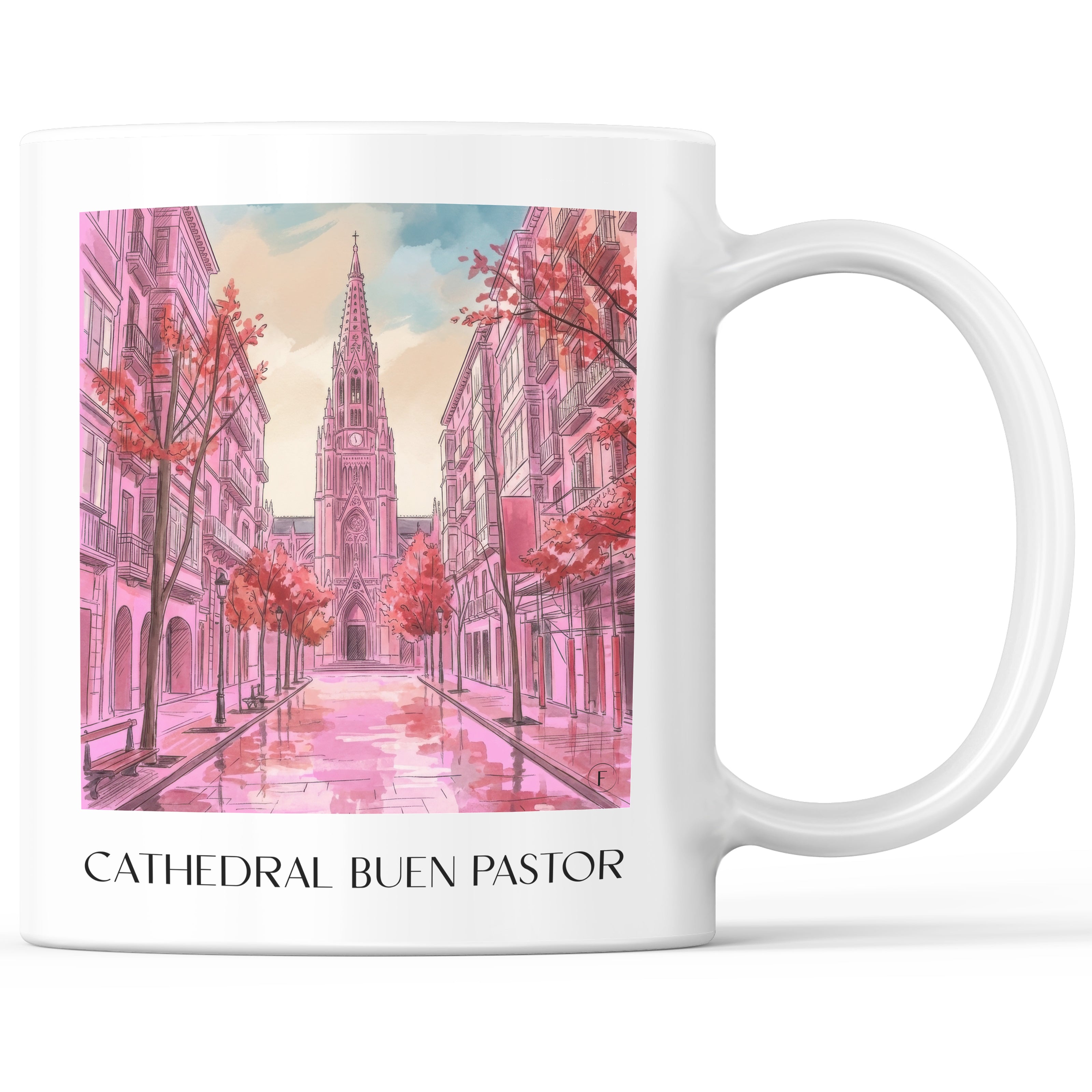 Cathedral Buen Pastor Kaffeebecher - San Sebastián - Spanien Becher - Kaffeetasse im Aquarell Pink Stil - favplace