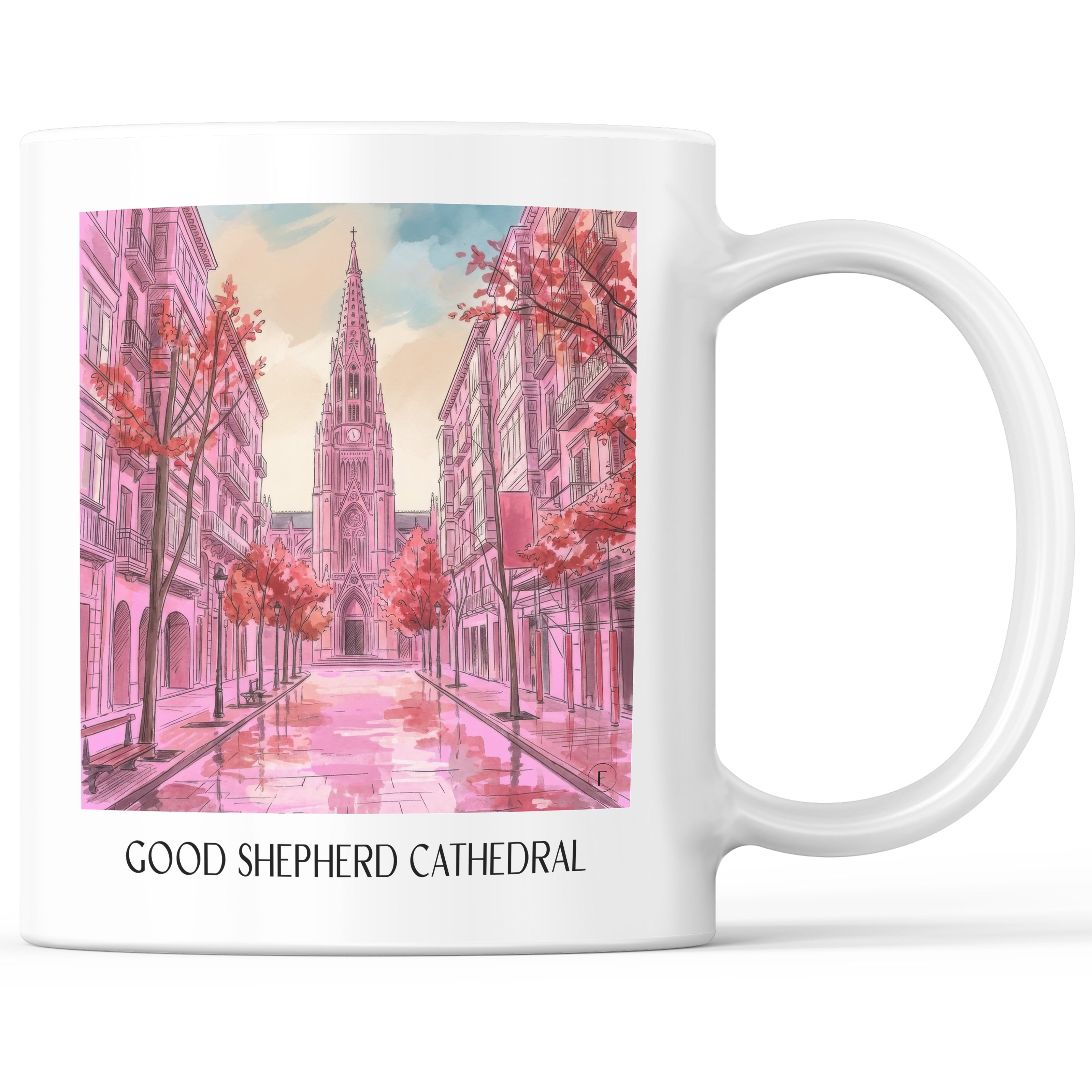 Cathedral Buen Pastor Kaffeebecher - San Sebastián - Spanien Becher - Kaffeetasse im Aquarell Pink Stil - favplace