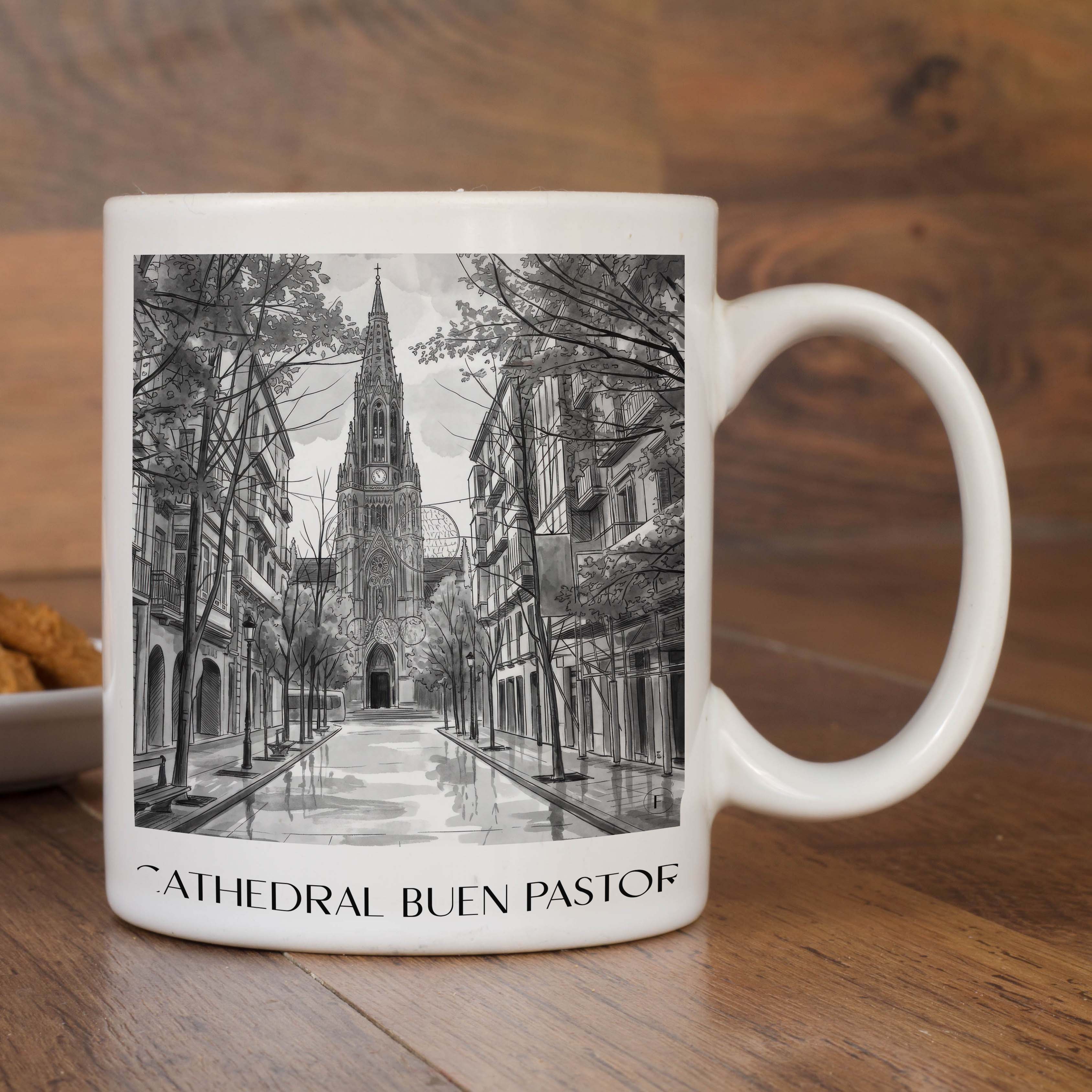 cathedral-buen-pastor-san-sebastián-spanien-kaffeebecher-aquarell-schwarz-weiss