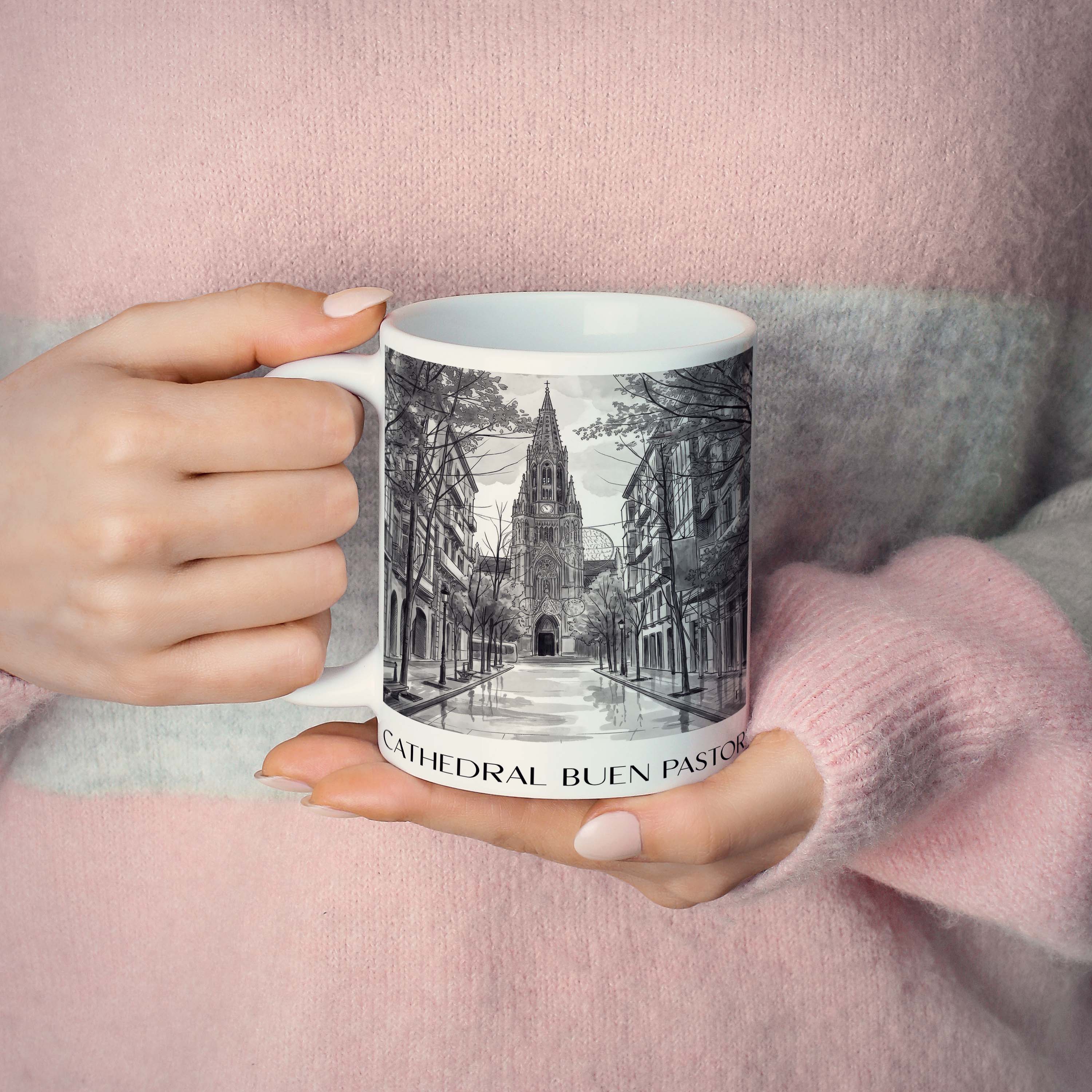 cathedral-buen-pastor-san-sebastián-spanien-kaffeebecher-aquarell-schwarz-weiss