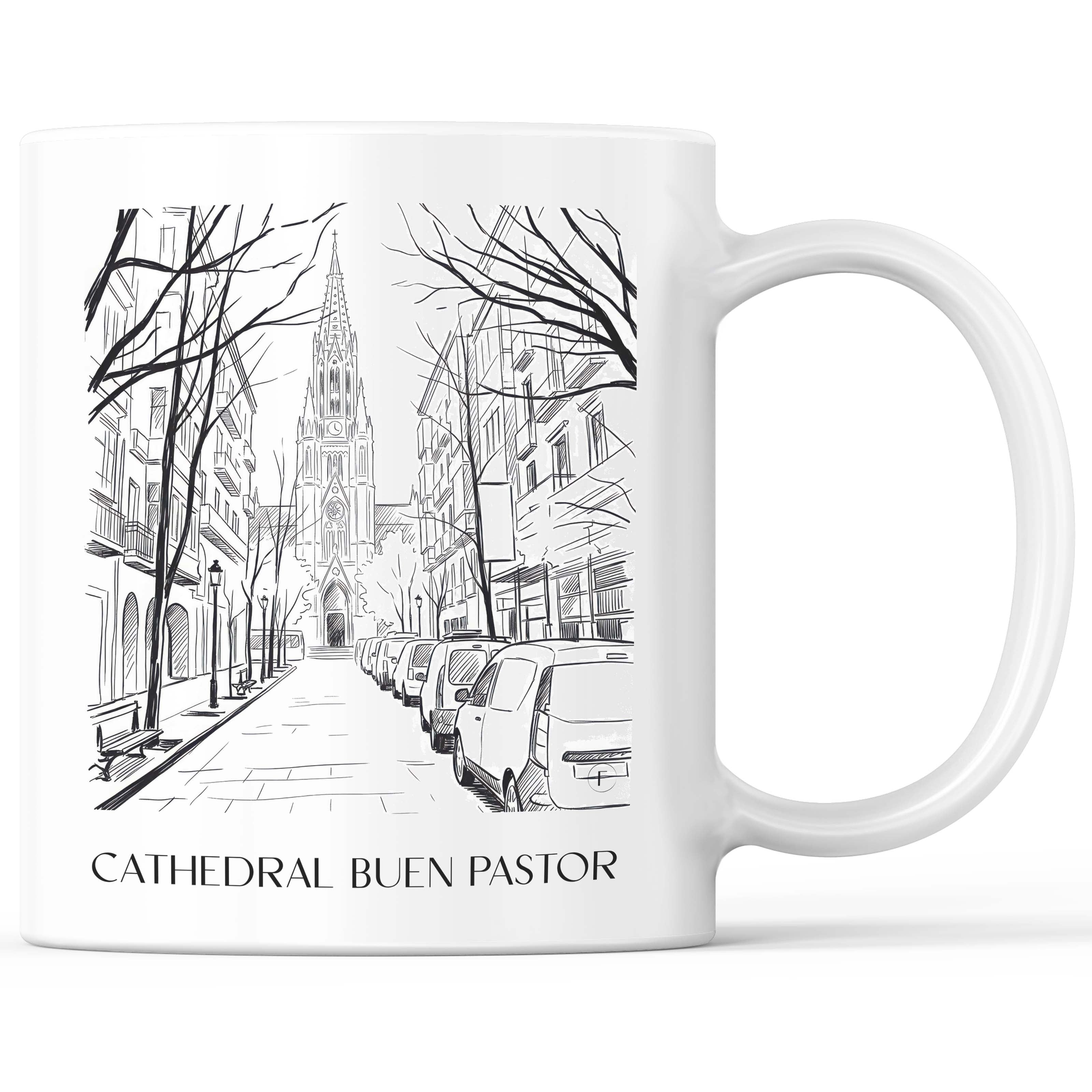 Cathedral Buen Pastor Kaffeebecher - San Sebastián - Spanien Becher - Kaffeetasse im Skizze Stil - favplace