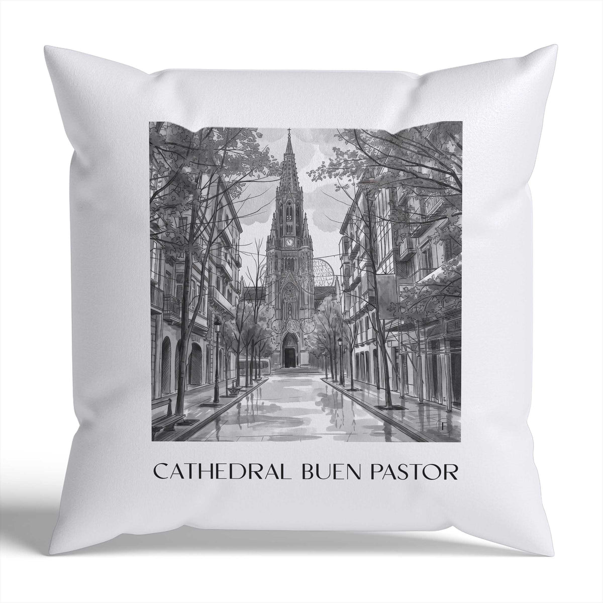 cathedral-buen-pastor-san-sebastián-spanien-kissenbezug-aquarell-schwarz-weiss