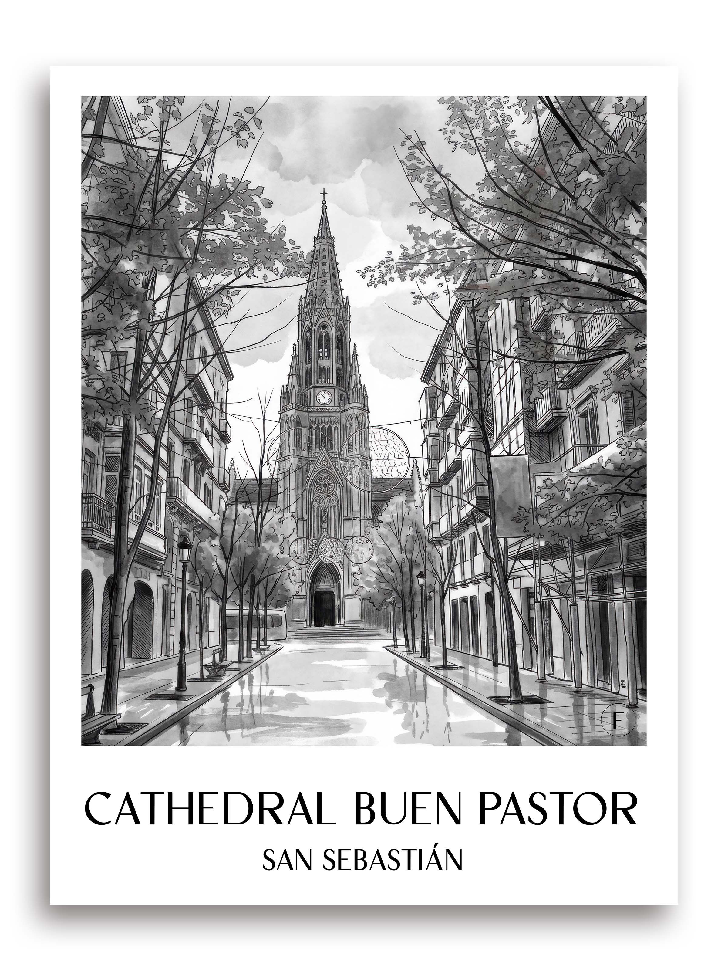cathedral-buen-pastor-san-sebastián-spanien-poster-aquarell-schwarz-weiss