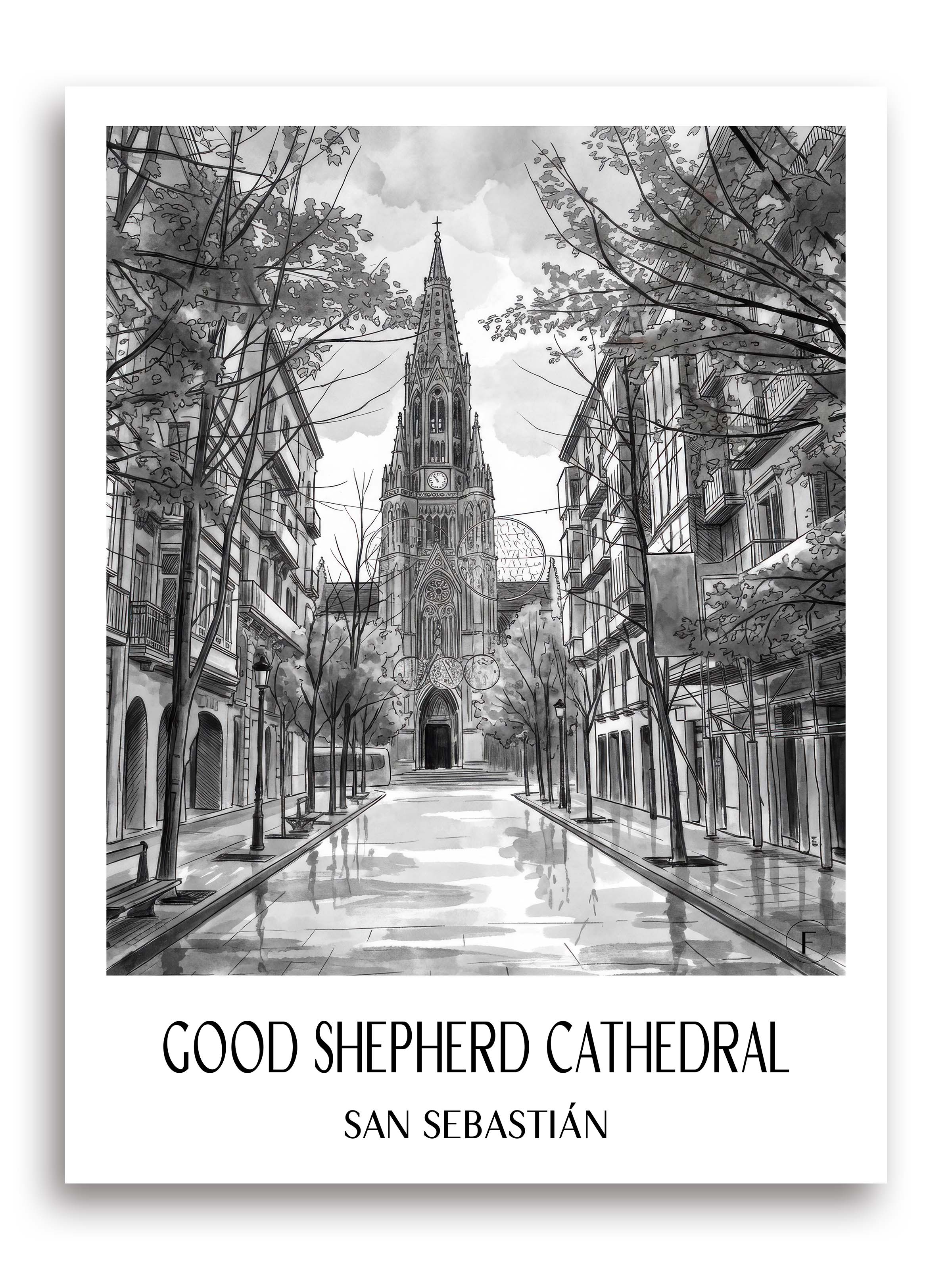 Cathedral Buen Pastor Poster - San Sebastián - Spanien Kunstdruck - Aquarell Schwarz-Weiß von A4 bis A1 - favplace
