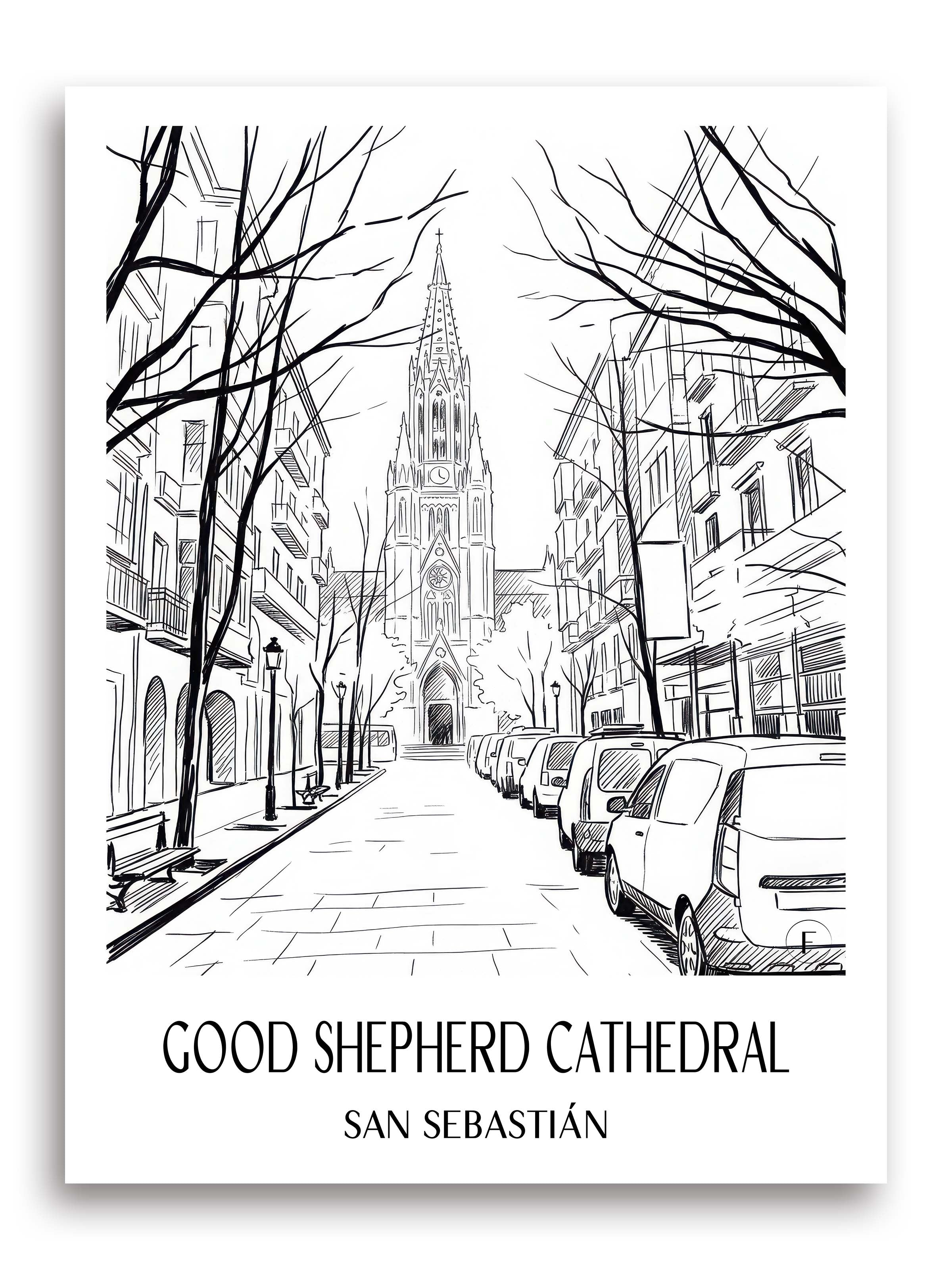 Cathedral Buen Pastor Poster - San Sebastián - Spanien Kunstdruck - Skizze von A4 bis A1 - favplace