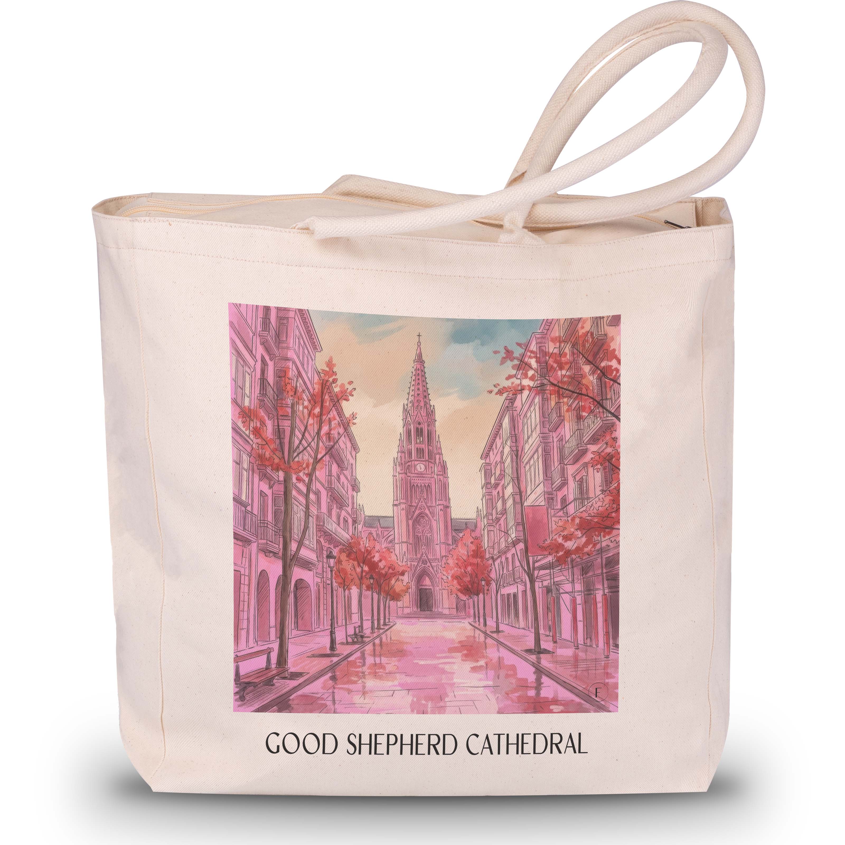 Cathedral Buen Pastor Shopping Tasche - San Sebastián - Spanien Tote Bag - Einkaufstasche im Aquarell Pink Stil - favplace