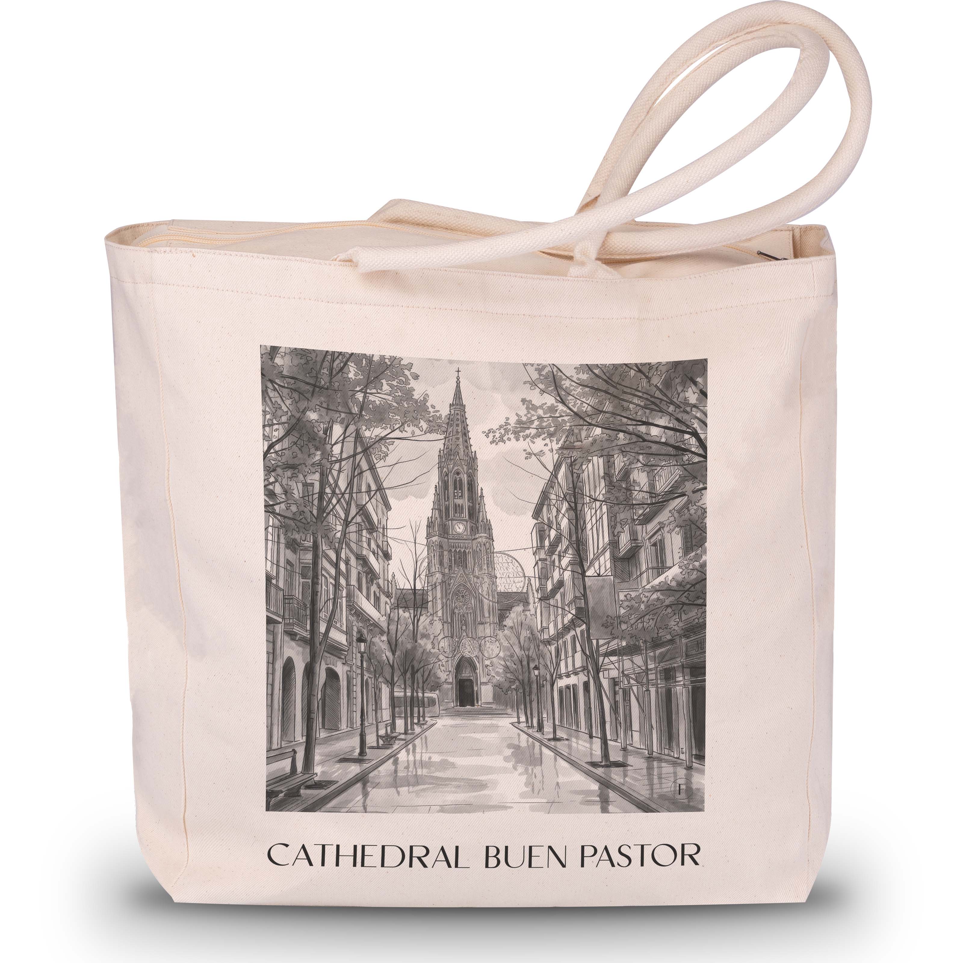 cathedral-buen-pastor-san-sebastián-spanien-einkaufstasche-aquarell-schwarz-weiss