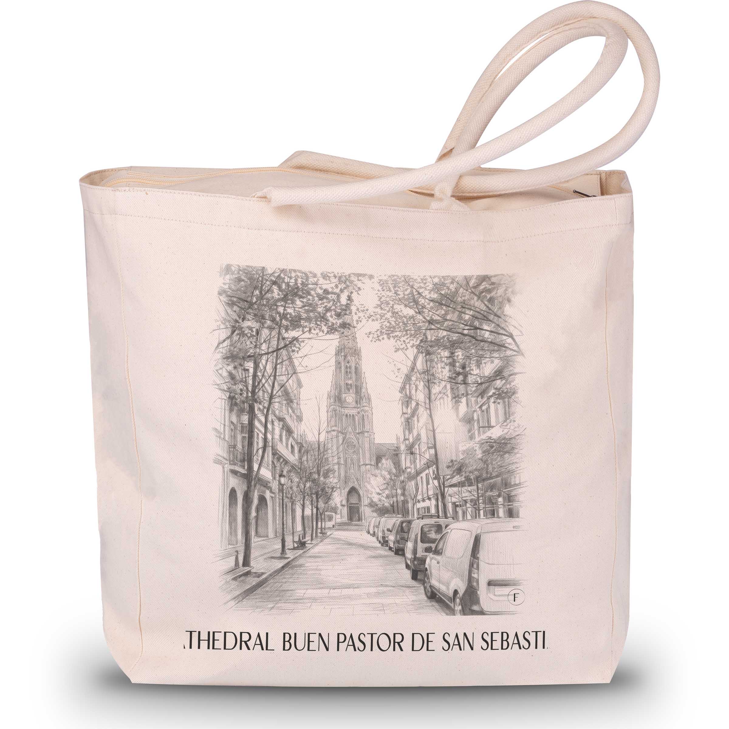 cathedral-buen-pastor-san-sebastián-spanien-einkaufstasche-bleistift-zeichnung-drawing