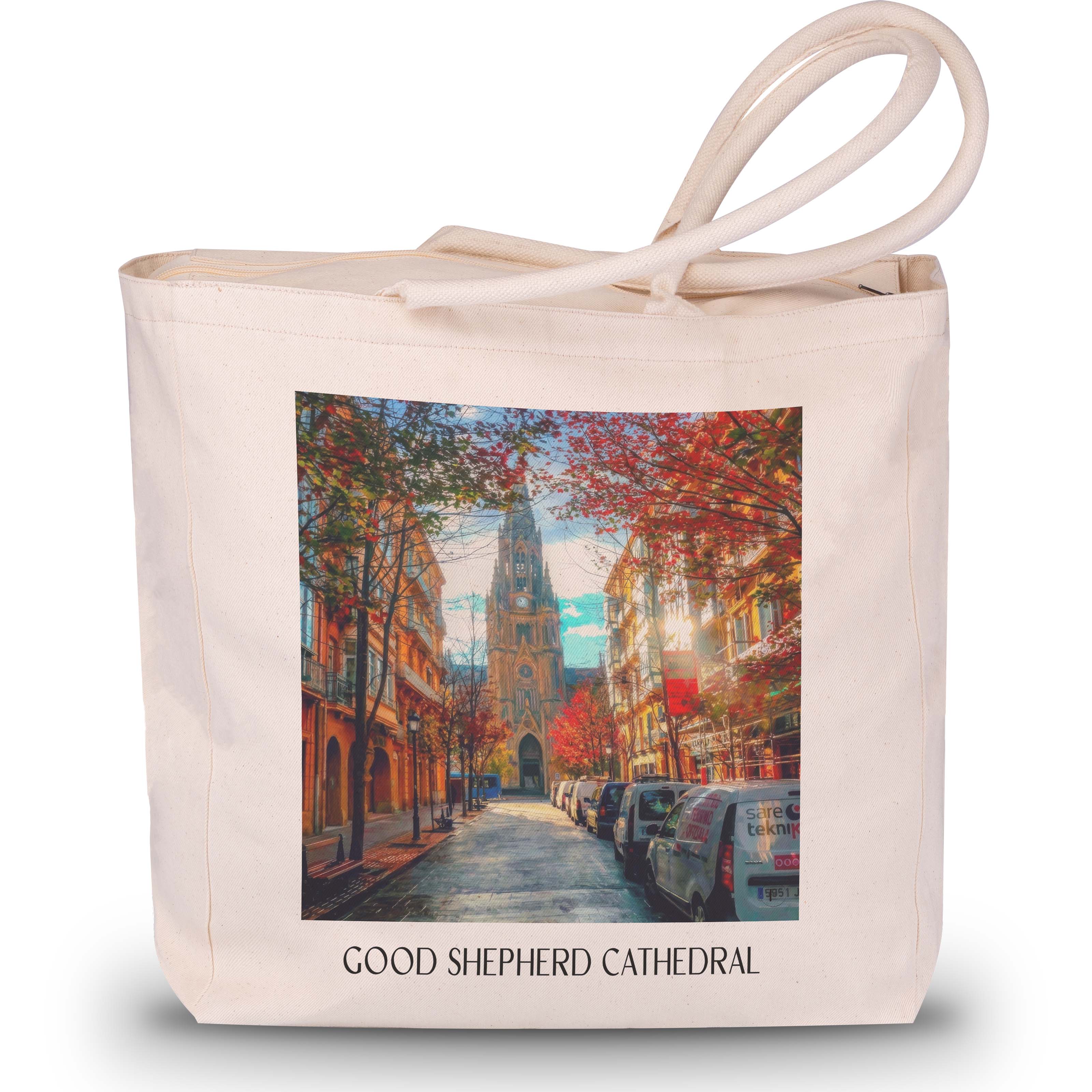 Cathedral Buen Pastor Shopping Tasche - San Sebastián - Spanien Tote Bag - Einkaufstasche im Ölgemälde Stil - favplace