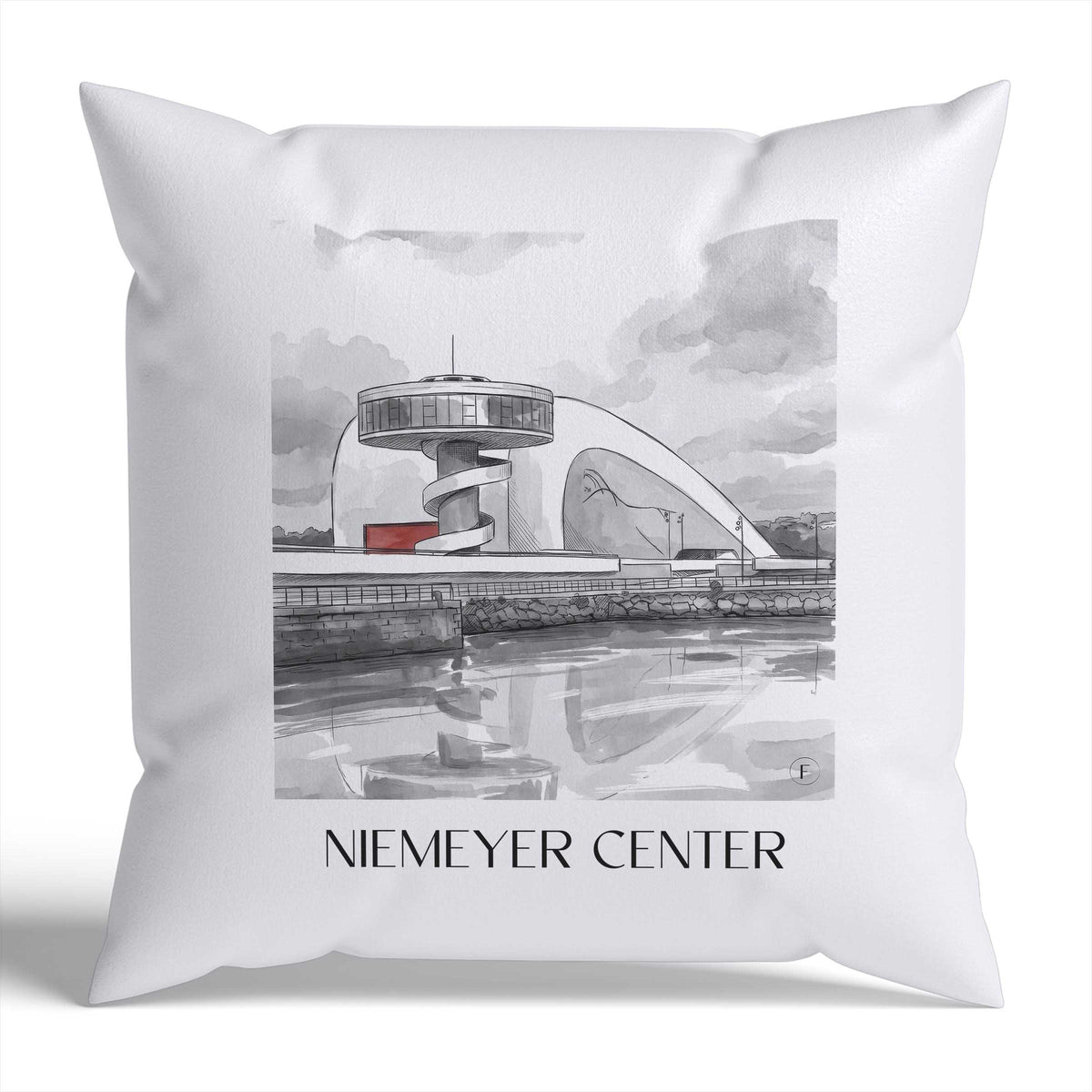 Centro Niemeyer Kissenhülle - Zierkissen Bezug - Avilés - Spanien Kissen bzw. Kissenbezug im Aquarell Schwarz-Weiß Stil - favplace