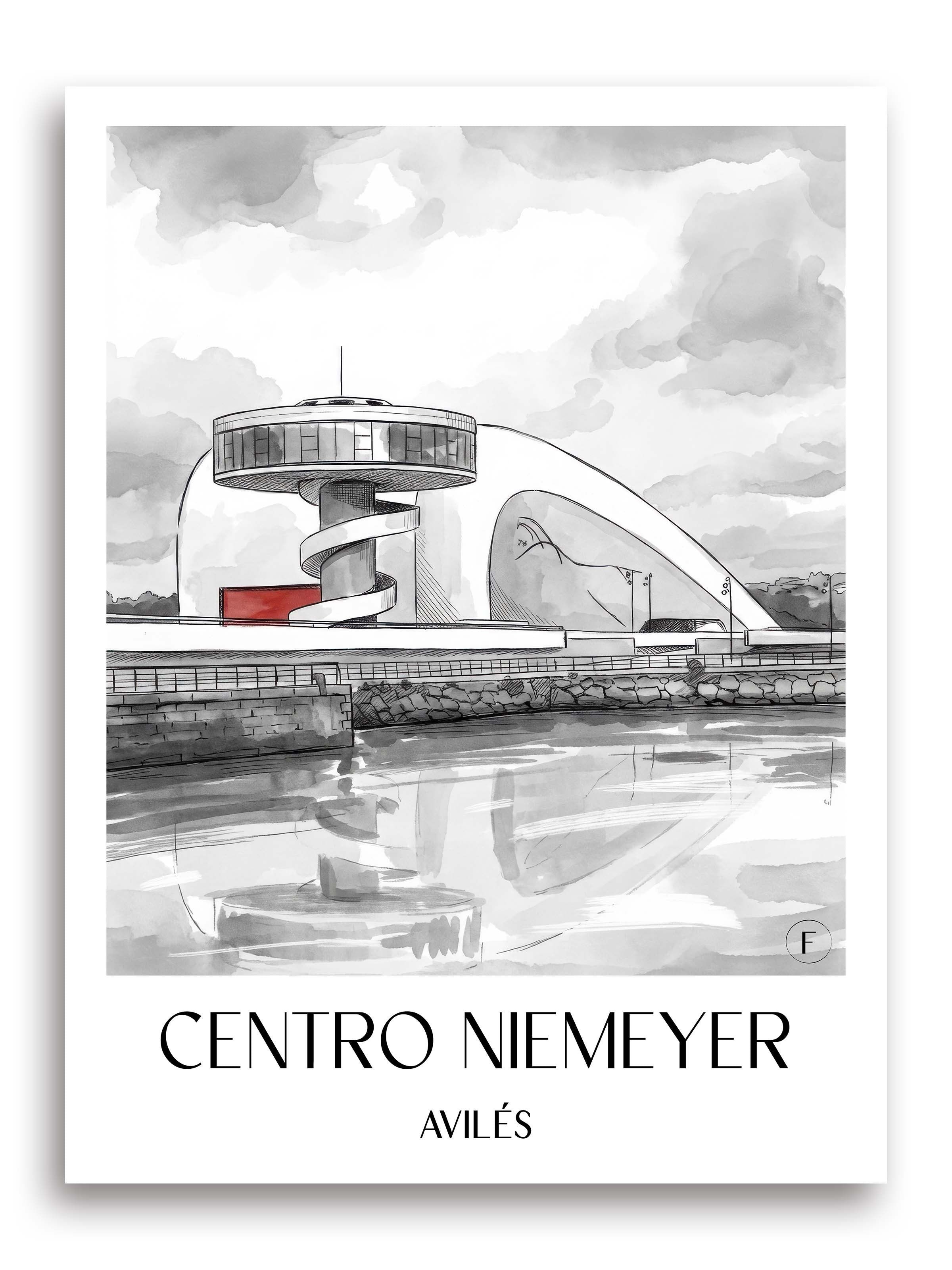 centro-niemeyer-avilés-spanien-poster-aquarell-schwarz-weiss