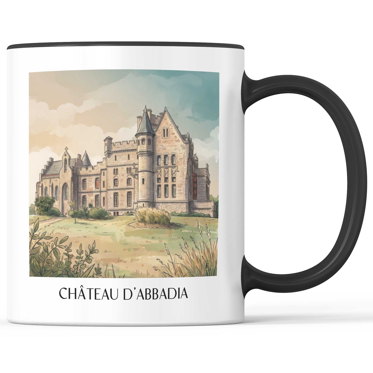 château-d'abbadia-hendaye-frankreich-kaffeebecher-aquarell