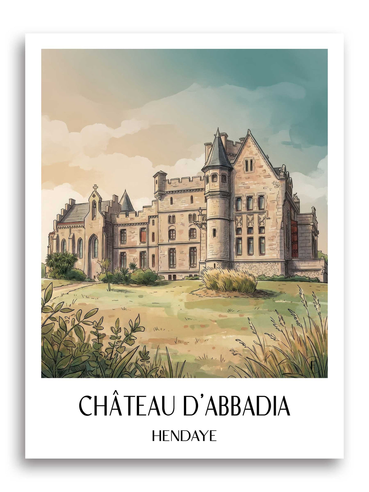 château-d'abbadia-hendaye-frankreich-poster-aquarell