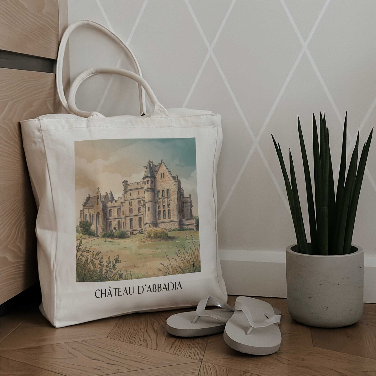 château-d'abbadia-hendaye-frankreich-einkaufstasche-aquarell