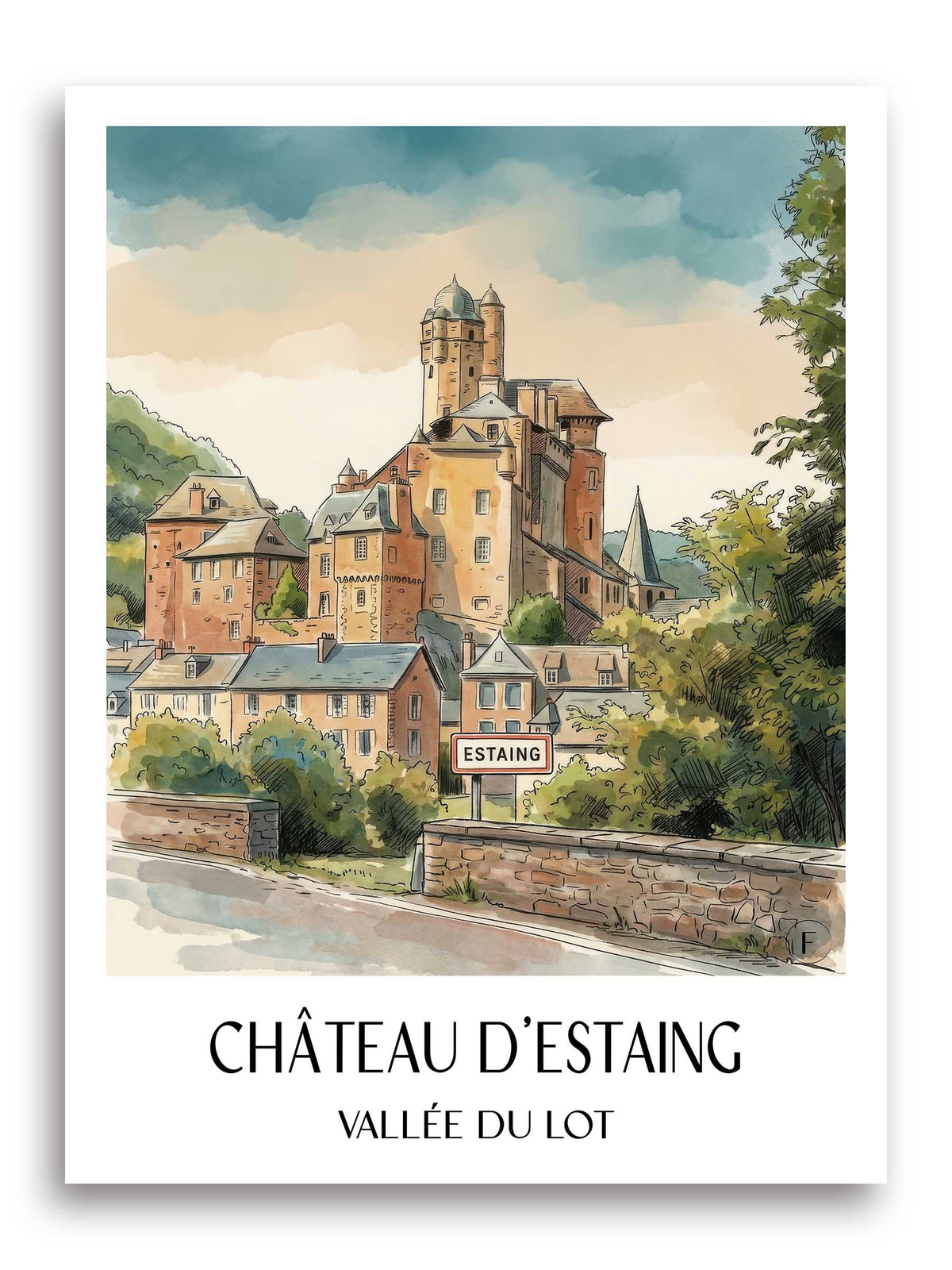 château-d'estaing-vallée-du-lot-frankreich-poster-aquarell