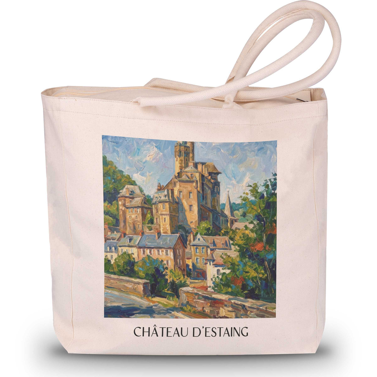 château-d'estaing-vallée-du-lot-frankreich-einkaufstasche-oil-painting-oelgemaelde