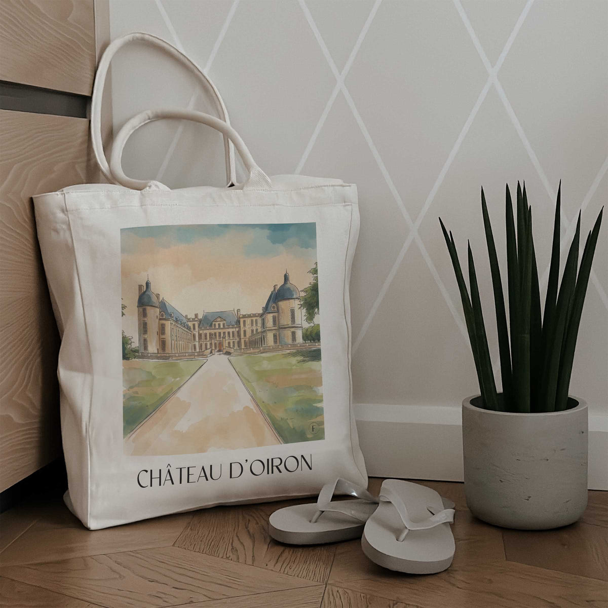 château-d'oiron-deux-sèvres-frankreich-einkaufstasche-aquarell