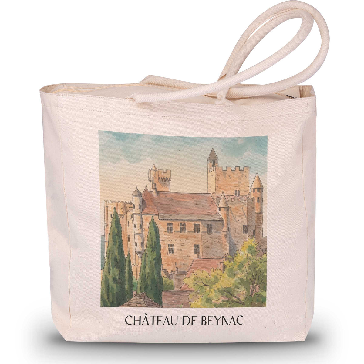 château-de-beynac-vallée-de-la-dordogne-frankreich-einkaufstasche-aquarell