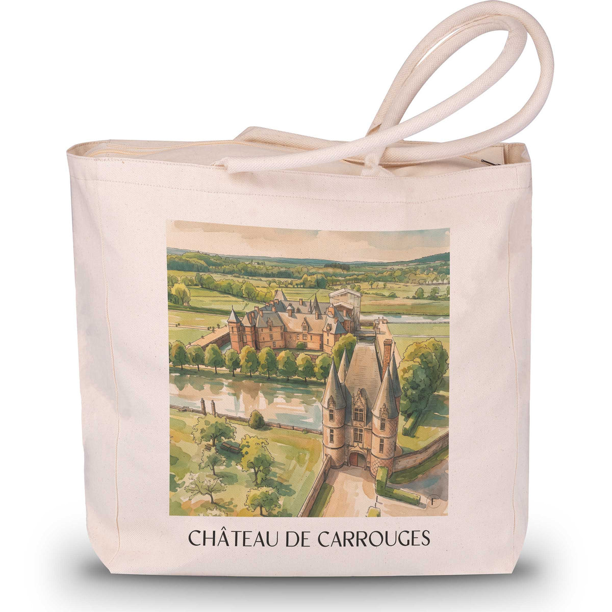 château-de-carrouges-orne-frankreich-einkaufstasche-aquarell