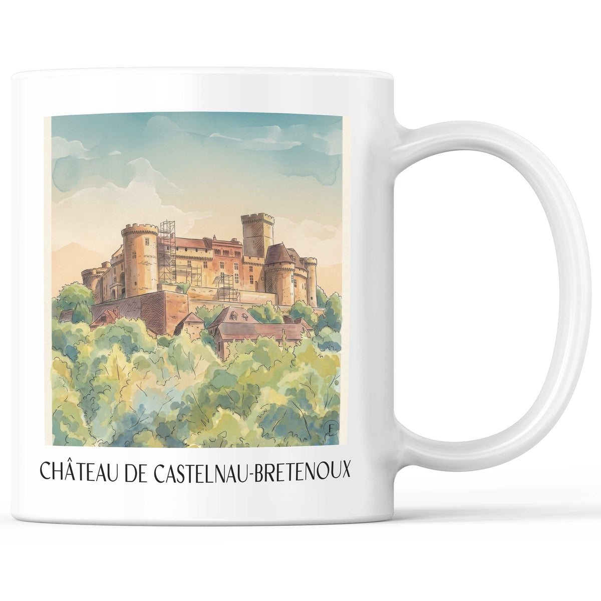 château-de-castelnau-bretenoux-vallée-de-la-dordogne-frankreich-kaffeebecher-aquarell