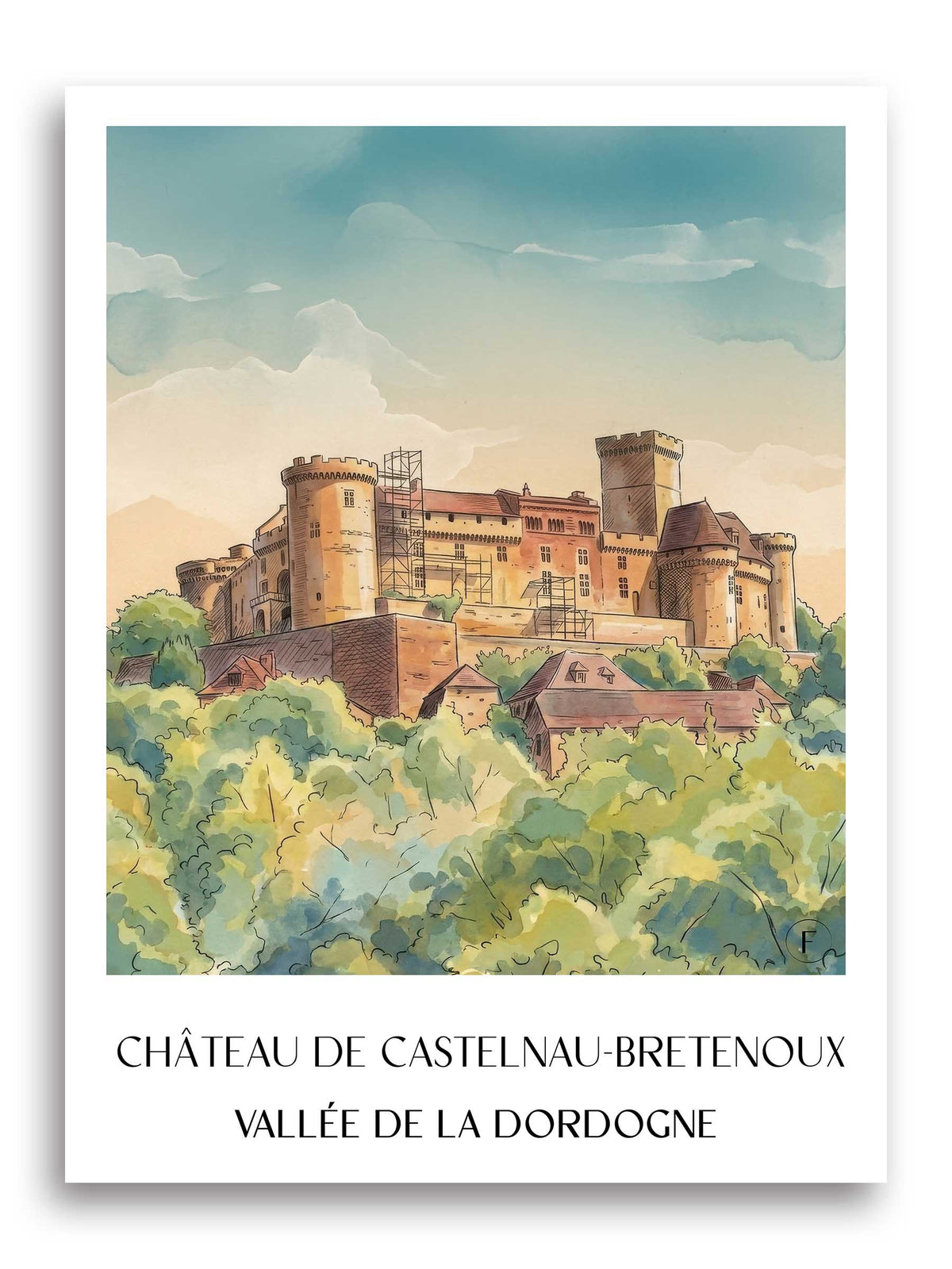 château-de-castelnau-bretenoux-vallée-de-la-dordogne-frankreich-poster-aquarell