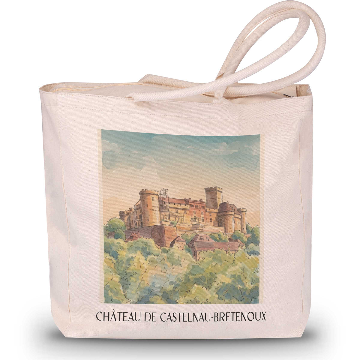 château-de-castelnau-bretenoux-vallée-de-la-dordogne-frankreich-einkaufstasche-aquarell