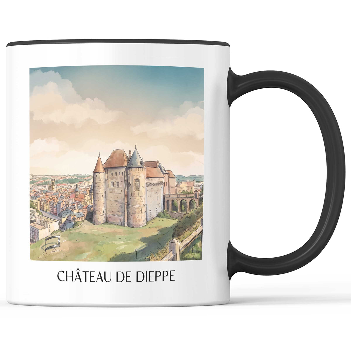 château-de-dieppe-côte-d'albâtre-frankreich-kaffeebecher-aquarell