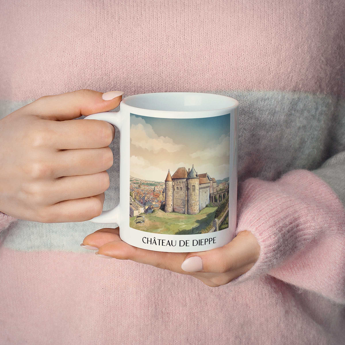 château-de-dieppe-côte-d'albâtre-frankreich-kaffeebecher-aquarell