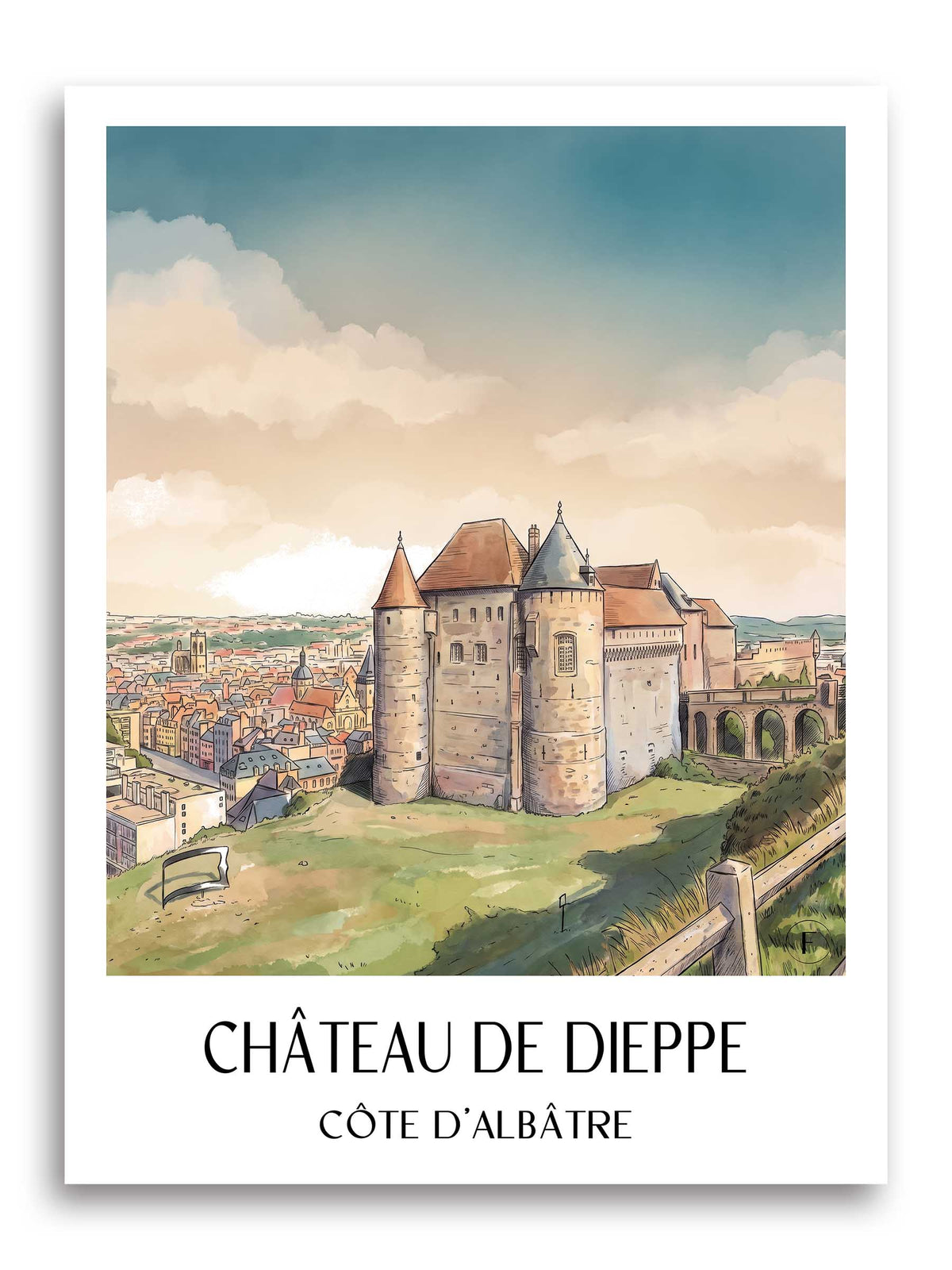 château-de-dieppe-côte-d'albâtre-frankreich-poster-aquarell